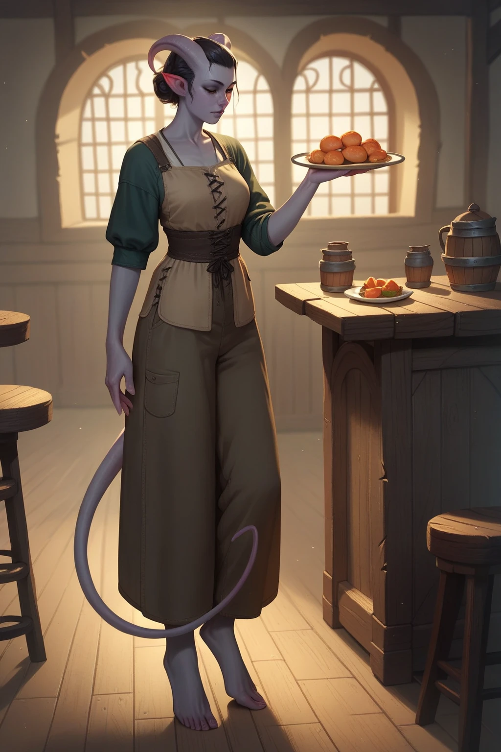 A tiefling,  tail,  girl , grey skin,  full length portrait , a plate of food in hand, dressed in medieval clothes, pants, score_9, score_8_up, score_7_up, score_6_up, score_5_up, score_4_up. wooden tavern in the background