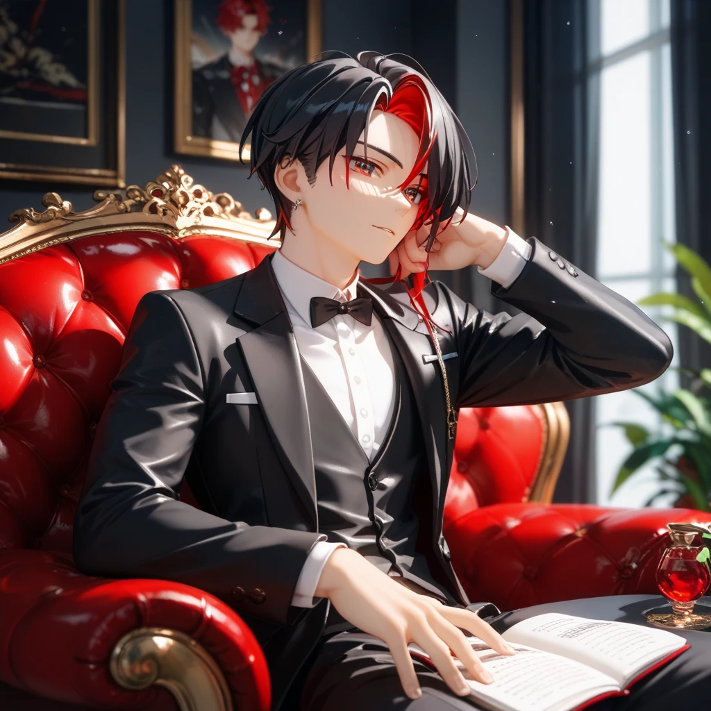   1 boy 、   beautiful eyes ((red))、 Multicolored Hair((  short、Half red hair  、 Half black hair))、 black suit、 sit cross-legged、Black Room 