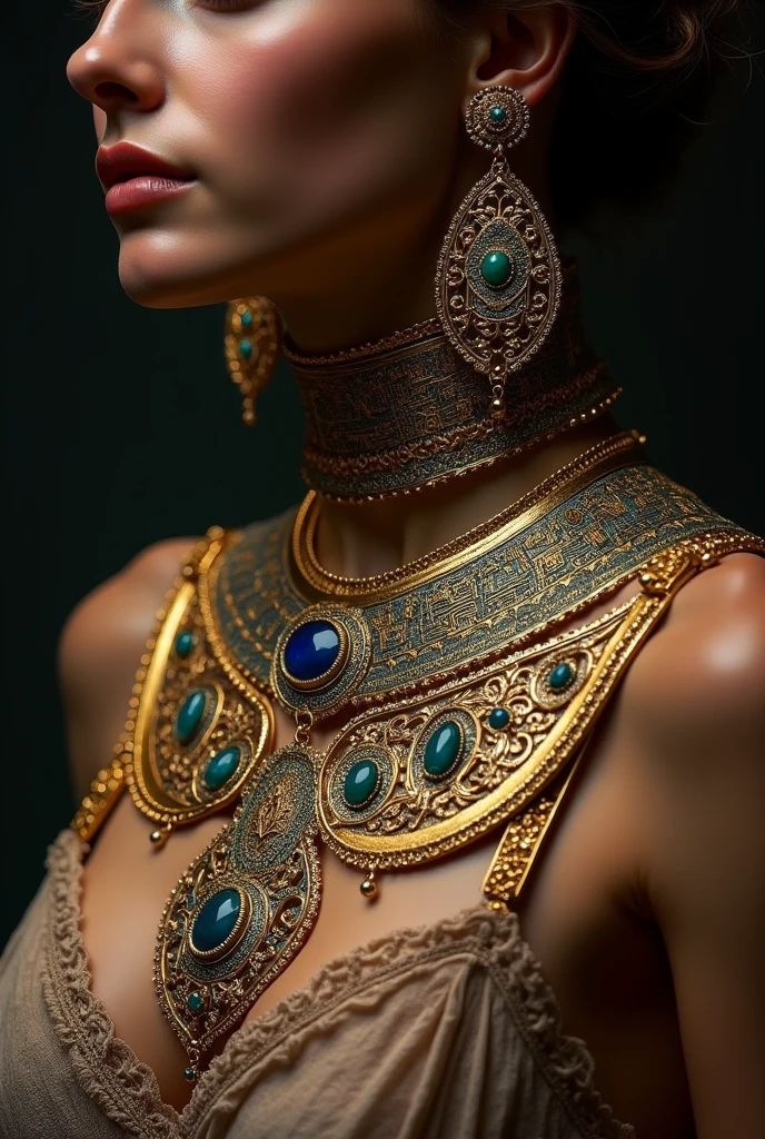 a woman in a gold dress and jewelry poses for a picture, adorned with precious stones, arabian princess, arabian beauty, encrusted with jewels, wearing elegant jewellery, covered in jewels, veils and jewels, ornate and intricate jewelry, goddess. extremely high detail, detailed woman, wearing gold jewellery, persian princess, elaborate jewelry, gorgeous woman, of indian princess
