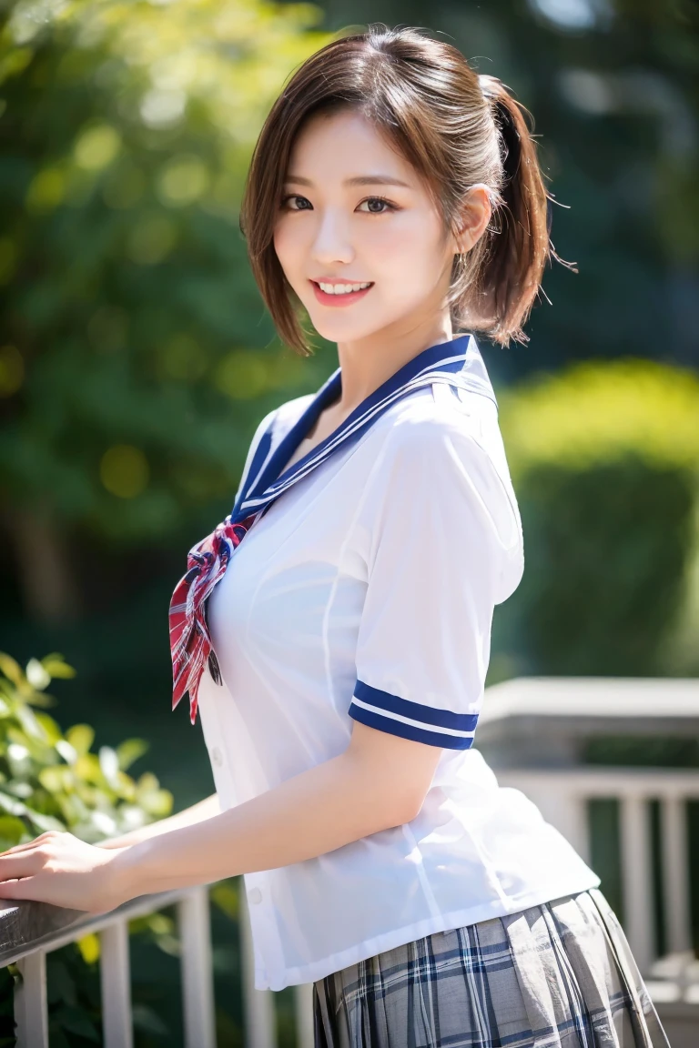 (A stunning Japanese-Korean lady in snowy night, natural pose, wearing a traditional Serafuku, Seifuku, tight white shirt, white blouse button-down, translucent short-sleeve, plaid skirt, pleated skirt, red bow-tie, red ribbon, sailor scarf, youthful charms, smooth complexion, beautiful detailed face, beautiful detailed eyes and lips, long eyelashes, slender figure, perfect body proportion, friendly expression, snaggle-tooth, cute dimples, kind smile, short hair, short layered hair, side ponytail, bob hair, a confident & poised demeanor, Looking at viewer, 

Blurred background, Bokeh effect, ultra-detailed,
(best quality, 4k, 8k, high-resolution), 
(masterpiece:1.28), award-winning,
(realistic, photorealistic, photo-realistic:1.37),
HDR, UHD, studio lighting, ultra-fine painting,
sharp focus, physically-based rendering, extreme detail description, professional photography, vivid colors, SFW, Safe for Work, Cowboy Shot, Close-up Shot, High Angle Shot,)