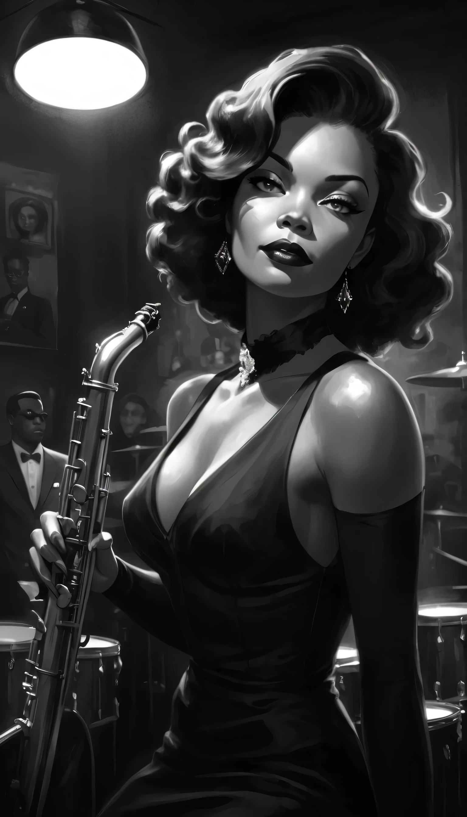 robert johnson, gritty, alabama bar, blue note, charismatic, illustration, bw, noir fantasy, lone blonde lady, saxophonist