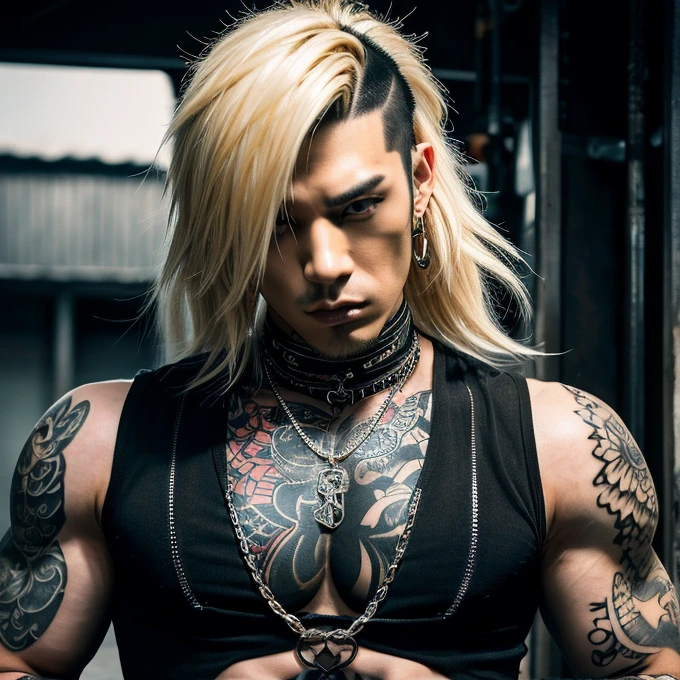 1 man, Japanese man, male, Asian eyes, muscular, broad shoulders, yakuza tattoos, hairstyle Visual Kei style, hair Visual Kei, black men's shirt and black pants, ultra detailed face, hyperrealistic, realistic representation, long hair, long hair, 30 years old, age 30 years, blonde hair, full body view