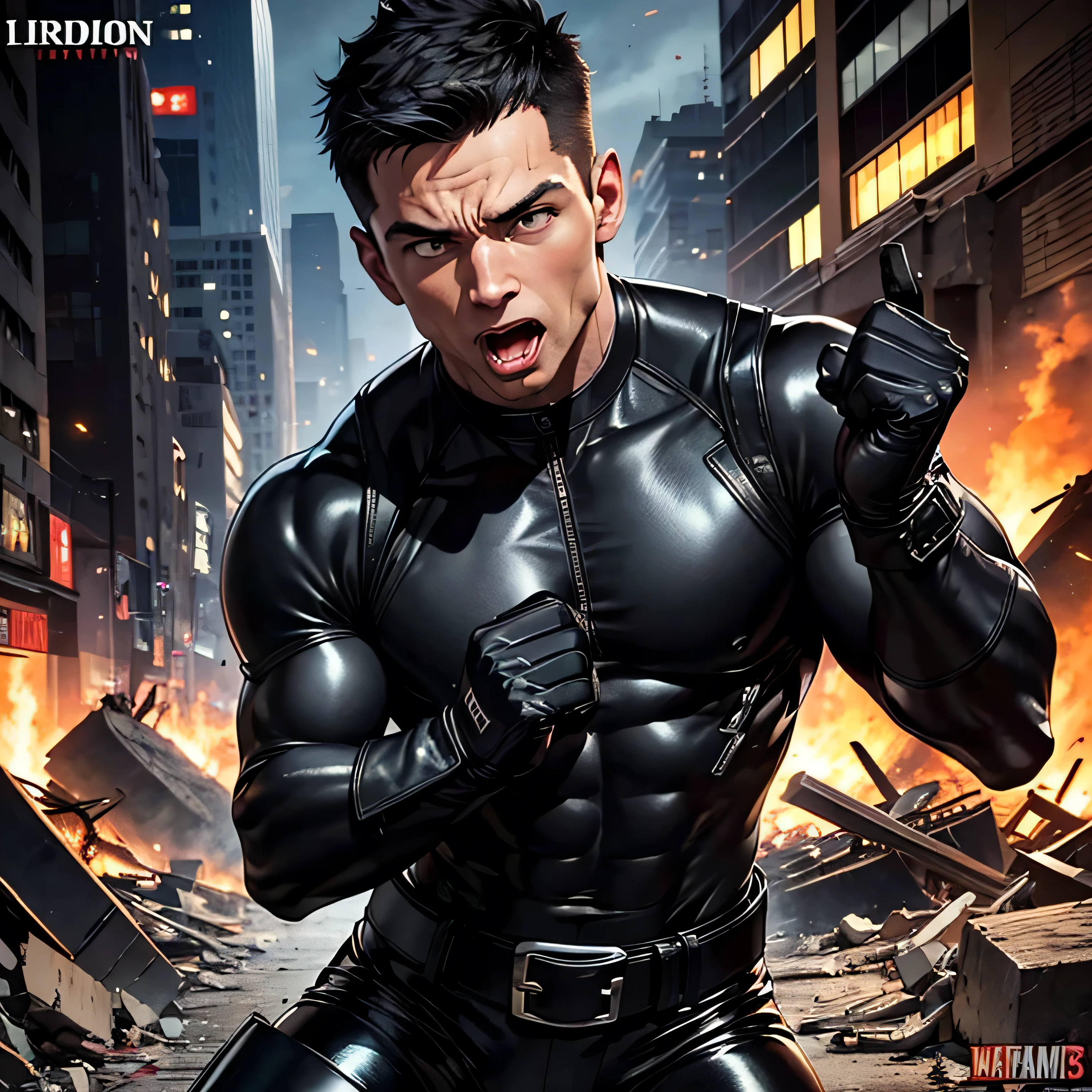Age 35, One Man,Muscular、 black bodysuit 、 black leather pants 、Shocker Belt、 black gloves 、 black boots 、Combatant、Combat pose、 Face、City of Rubble bombing inflammation feet Spread it out、Gay、logic、Handsome soldier Cool guy Upper Body Up I'm screaming with my mouth wide open
