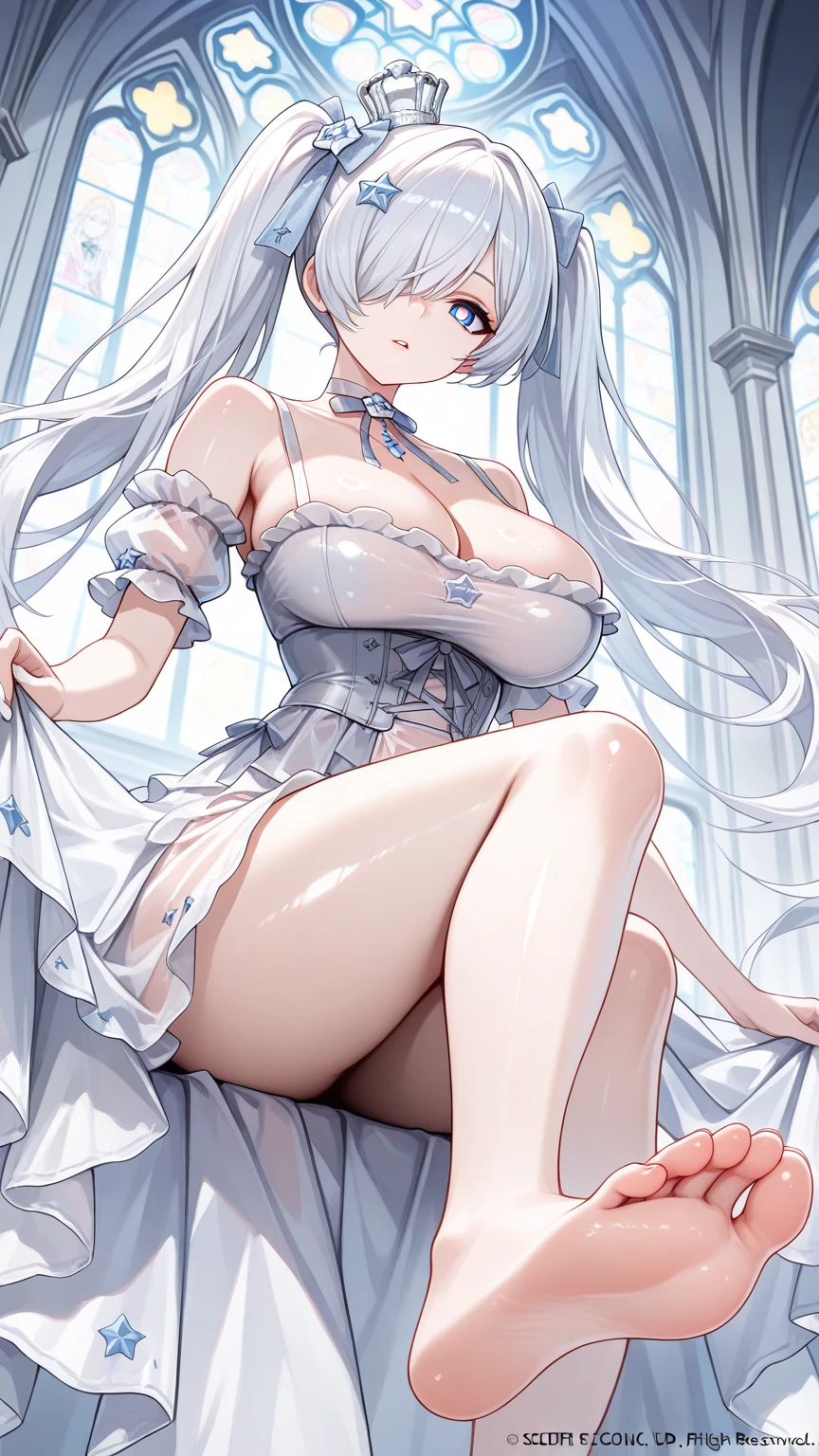 ((masterpiece, best quality)),
st. louis \(luxurious wheels\) \(azur lane\), highres, highest quallity, illustration, cinematic light, ultra detailed, detailed face, (detailed eyes), best quality, hyper detailed, masterpiece, (detailed face), large breasts, hair ornament, earrings, necklace, portrait, silver dress, revealing clothes,highest details, luminous eyes, (hotel:1.2), sitting in bed, sitting, bed, window, night sky, backlighting, light rays, (high contrast), (colorful),