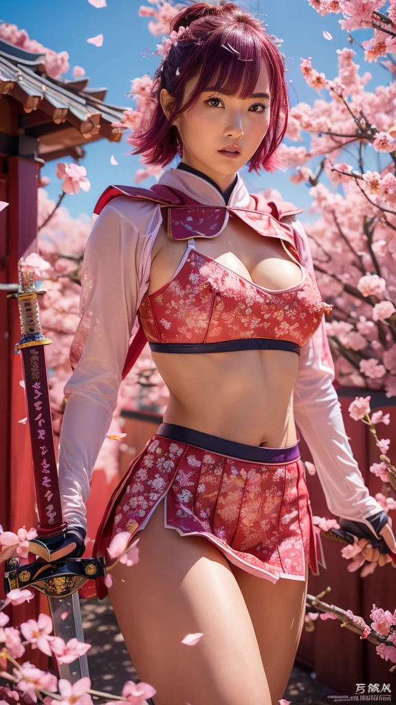  Sexy female character wearing red armor as a warrior from the Sengoku period 、(acrobatic pose)、(acrobatic angle)、((sword fighting))、((( Draw your sword、Iai、)))、((very short hair))、((Hot pink hair))、((toned body))、(glistening skin)、 toned body、((mega breasts 1.8))、 plump breasts 、 plump thighs、 The pink armor with a plum blossom pattern engraved on it is a bikini type and is designed to emphasize chest exposure、(  wearing a plum blossom patterned cape )、peplum skirt、Red shin guard with plum blossom engraved on it 、Pink high-leg underwear 、Red tights 、 absolute domain、Inverted skirt、Dramatic lighting、((Clear Sky Thunderbolt))、(( Plum blossoms in full bloom in the background ))、(( Large plum blossoms in full bloom on the front ))、 cinema-like scene  、 Max Image、 Ultra High Definition、8k