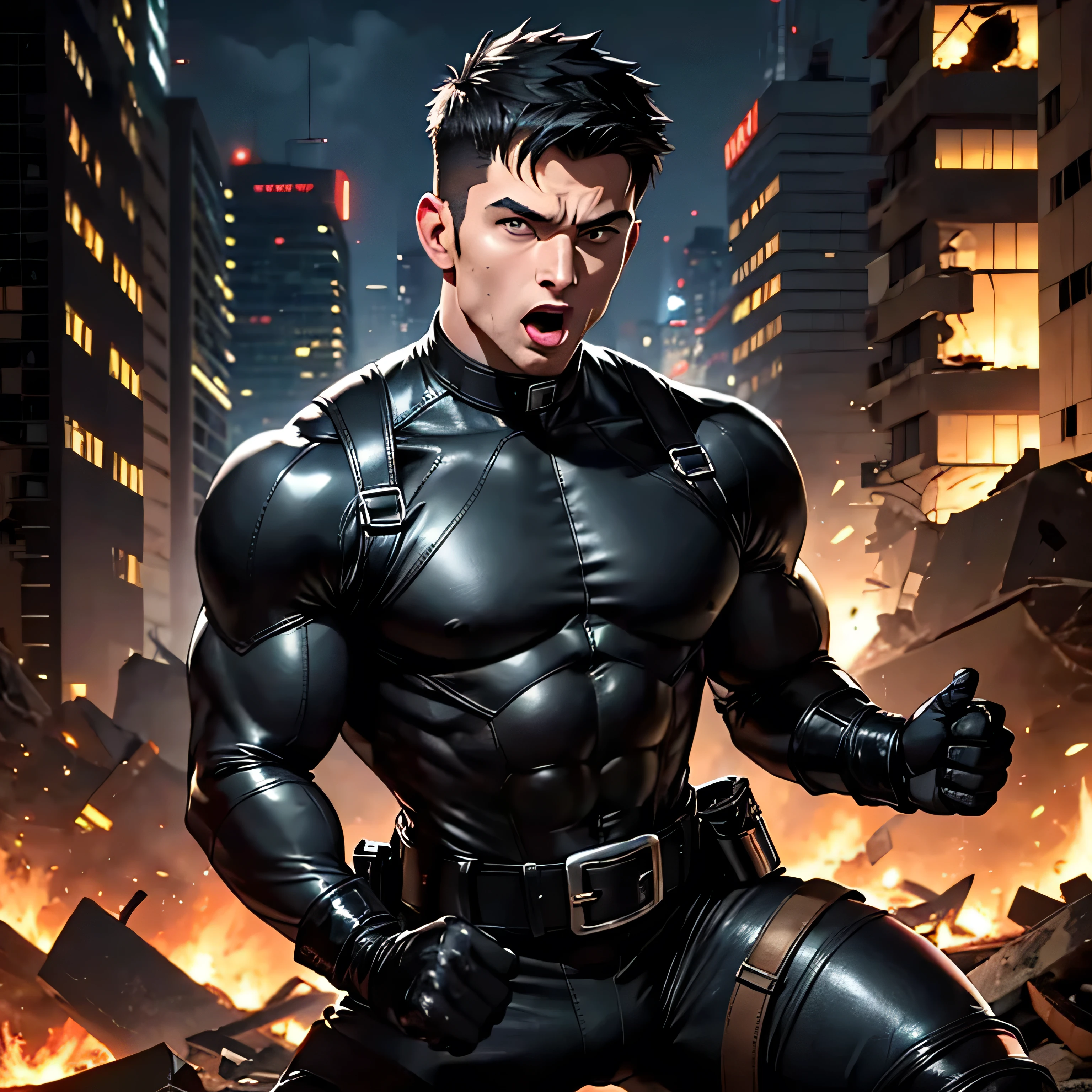Age 27,  One Man,Muscular、 black bodysuit 、 black leather pants 、Shocker Belt、 black gloves 、  black boots 、Combatant、Combat pose、 Face、City of Rubble　bombing　inflammation　　 feet 　Spread it out、Gay、logic、Handsome soldier　　Cool guy　　  Upper Body Up 　 I'm screaming with my mouth wide open