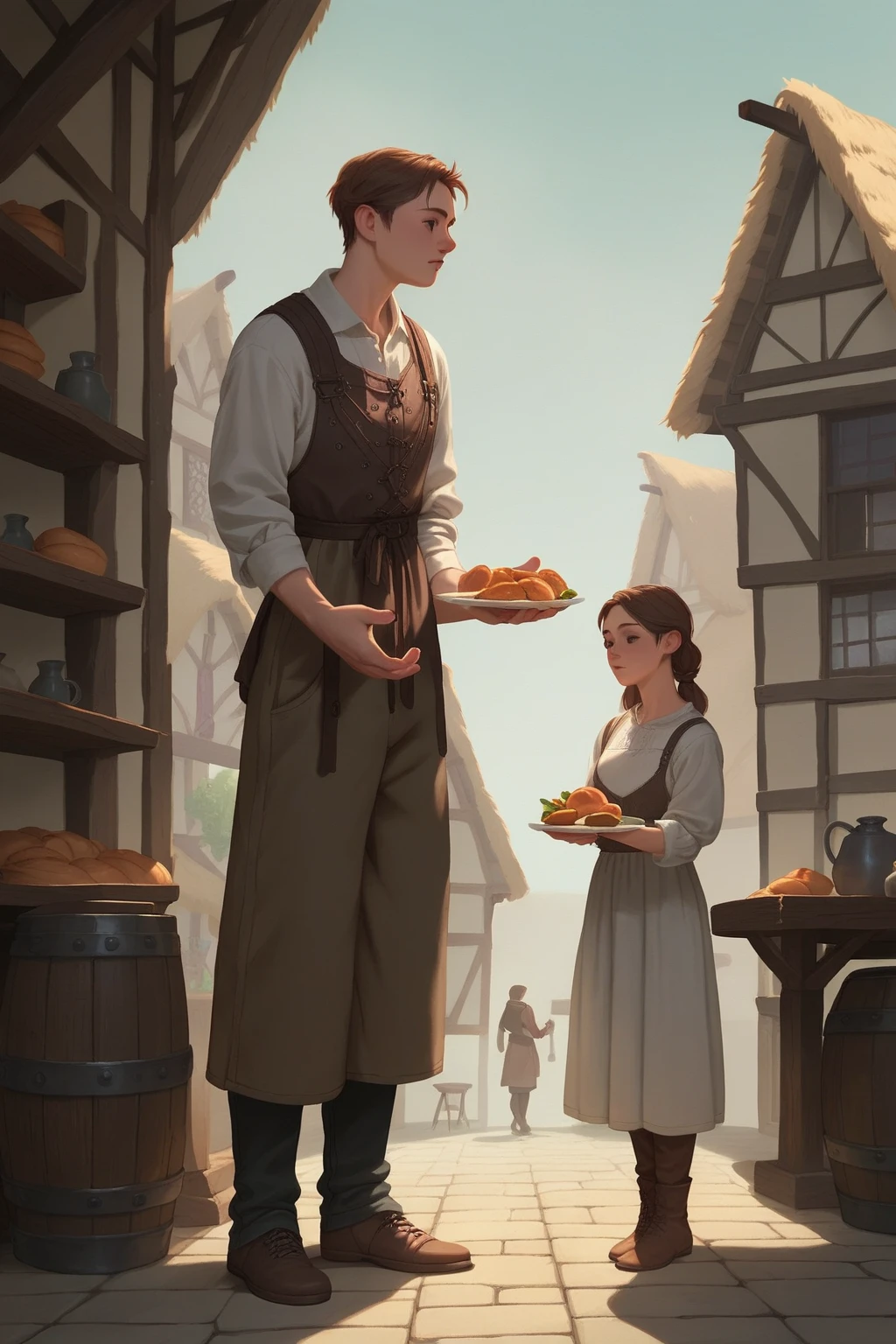 low height ,  girl , 28 years old,  full length portrait , a plate of food in hand, dressed in medieval clothes, pants, score_9, score_8_up, score_7_up, score_6_up, score_5_up, score_4_up.  on the background of a wooden tavern