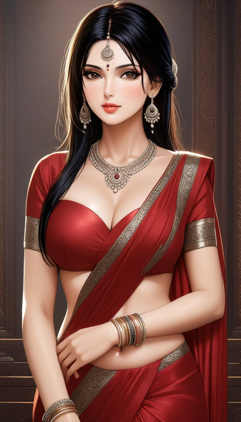 Hot milf,red saree, long silver jhumki earrings, lipstick, black hair, medium sagging breasts, cleavage ,makeup, red blouse ,navel, eyeliner, eyeshadow, detailed art style,long jewellery, multiple necklace,long necklace,bangles, accessories , intricate patterns on saree,long necklace, realistic skin, realistic saree ,hair braid , Cleavage 