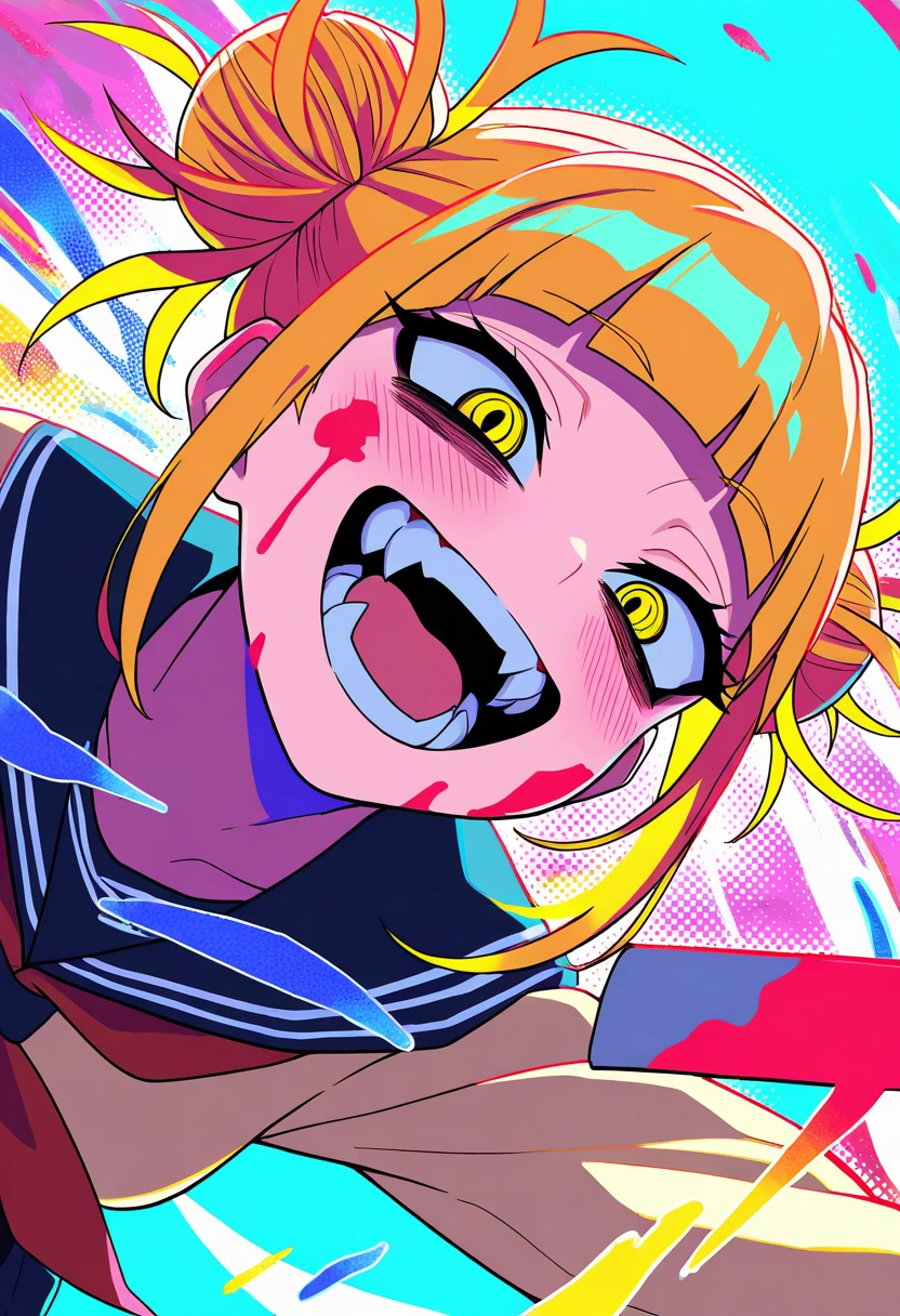 masterpiece, best quality, amazing quality, very aesthetic, absurdres,  newest, scenery, volumetric lighting,  1girl, toga himiko, teeth, open mouth, blood on face, smile, double bun, crazy eyes, holding knife, hand on own cheek, upper body, school uniform backlighting, from above, dutch angle, , close-up, dutch angle, (colorful), from above, fisheye,, close-up, dutch angle, from above,, masterpiece, best quality, amazing quality, very aesthetic, absurdres,  newest, scenery, volumetric lighting