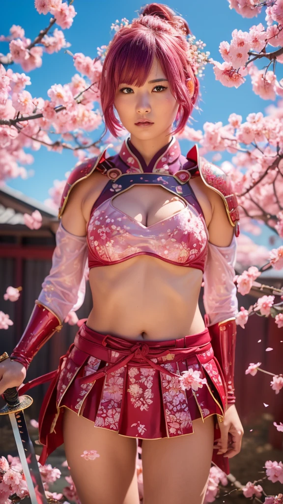  Sexy female character wearing red armor as a warrior from the Sengoku period 、((sword fighting))、Draw your sword、Iai、((very short hair))、((Hot pink hair))、((toned body))、(glistening skin)、 toned body、((mega breasts 1.8))、 plump breasts 、 plump thighs、 The pink armor with a plum blossom pattern engraved on it is a bikini type and is designed to emphasize chest exposure、(  wearing a plum blossom patterned cape )、peplum skirt、Red shin guard with plum blossom engraved on it 、Pink high-leg underwear 、Red tights 、 absolute domain、Inverted skirt、Dramatic lighting、((Clear Sky Thunderbolt))、(( Plum blossoms in full bloom in the background ))、(( Large plum blossoms in full bloom on the front ))、 cinema-like scene  、 Max Image、 Ultra High Definition、8k