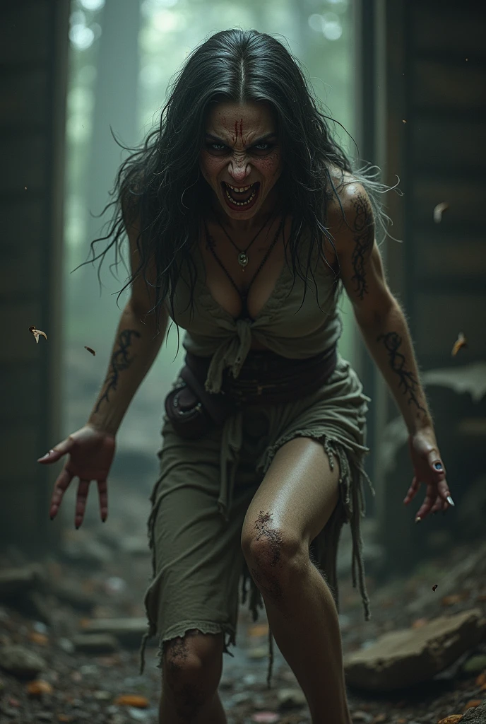 (horror) (damsel in distress) a pack of ravenous goblins with big eyes,small bodies,huge cannibal mouths (lots of jagged sharp teeth), chasing a scared human woman with big breasts,big butt,anglo features,tramp stamp tattoo,barefoot, battered and bloody, in a dark forest at night,(best quality,4k,8k,highres,masterpiece:1.2),ultra-detailed,(realistic,photorealistic,photo-realistic:1.37),dark fantasy,horror,surreal,chiaroscuro lighting,moody atmosphere,dramatic lighting (show all of her head to toe)
