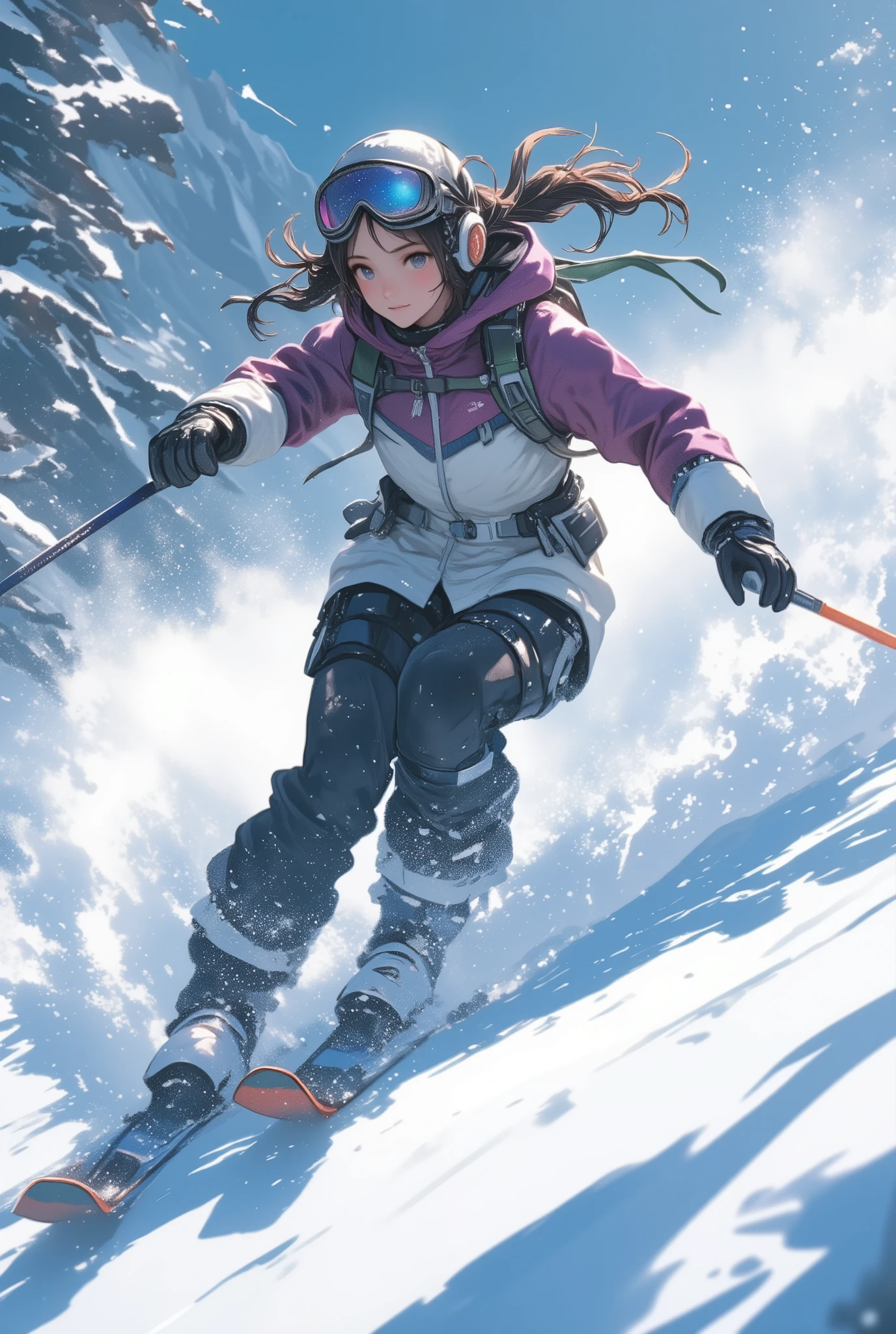 close up shot of a girl ski grinding in the snow in motion blur