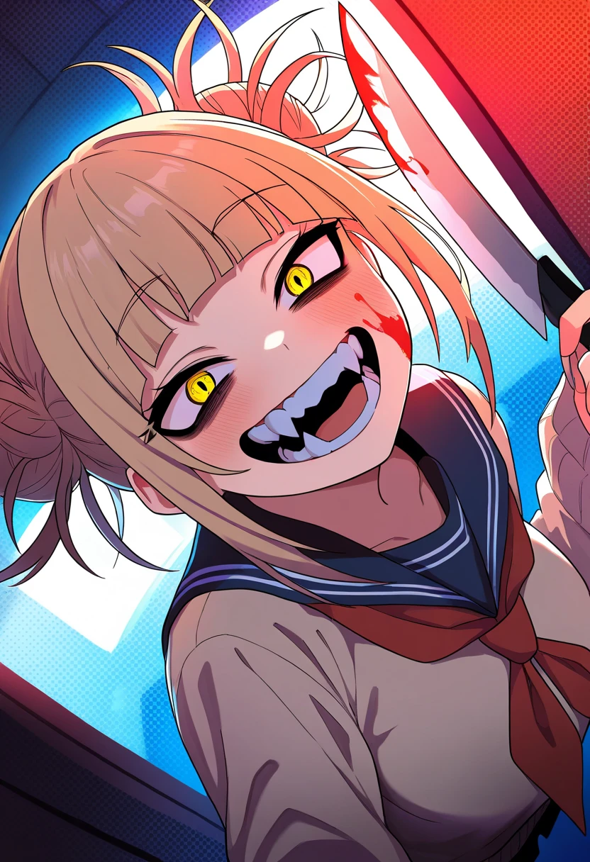 masterpiece, best quality, amazing quality, very aesthetic, absurdres,  newest, scenery, volumetric lighting,  1girl, toga himiko, teeth, open mouth, blood on face, smile, double bun, crazy eyes, holding knife, hand on own cheek, upper body, school uniform backlighting, from above, dutch angle, , close-up, dutch angle, (colorful), from above, fisheye,, close-up, dutch angle, from above,, masterpiece, best quality, amazing quality, very aesthetic, absurdres,  newest, scenery, volumetric lighting