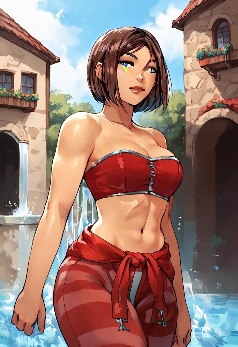 score_9, score_8_up, score_7_up, source_anime, 1woman, mature, human female, human, detailed face, jawline, smooth skin, beige skin, beautiful eyes, blue eyes, brunette, big breasts, bob cut hair, red bustier, red tube top, strapless, midriff, striped pants, clothes around waist, single gauntlet, armor, outdoors, village, fountain