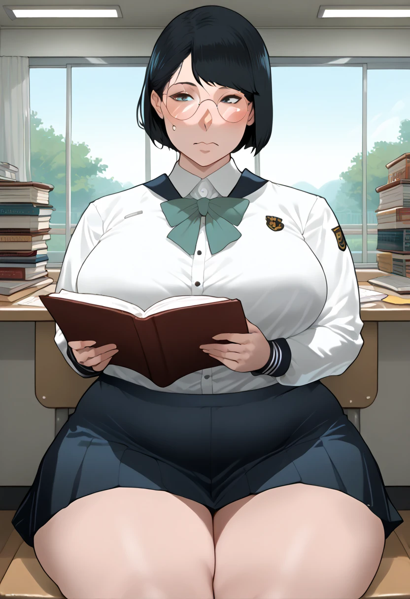 Female,short bob hairstyles,round glasses,shy face, gigantic boobs, gigantic ass, japanese school girl uniform,black hair,reading a book,sitting on a chair next to a window,front view,short skirt,tight white uniform that almost broke the button,plump body,