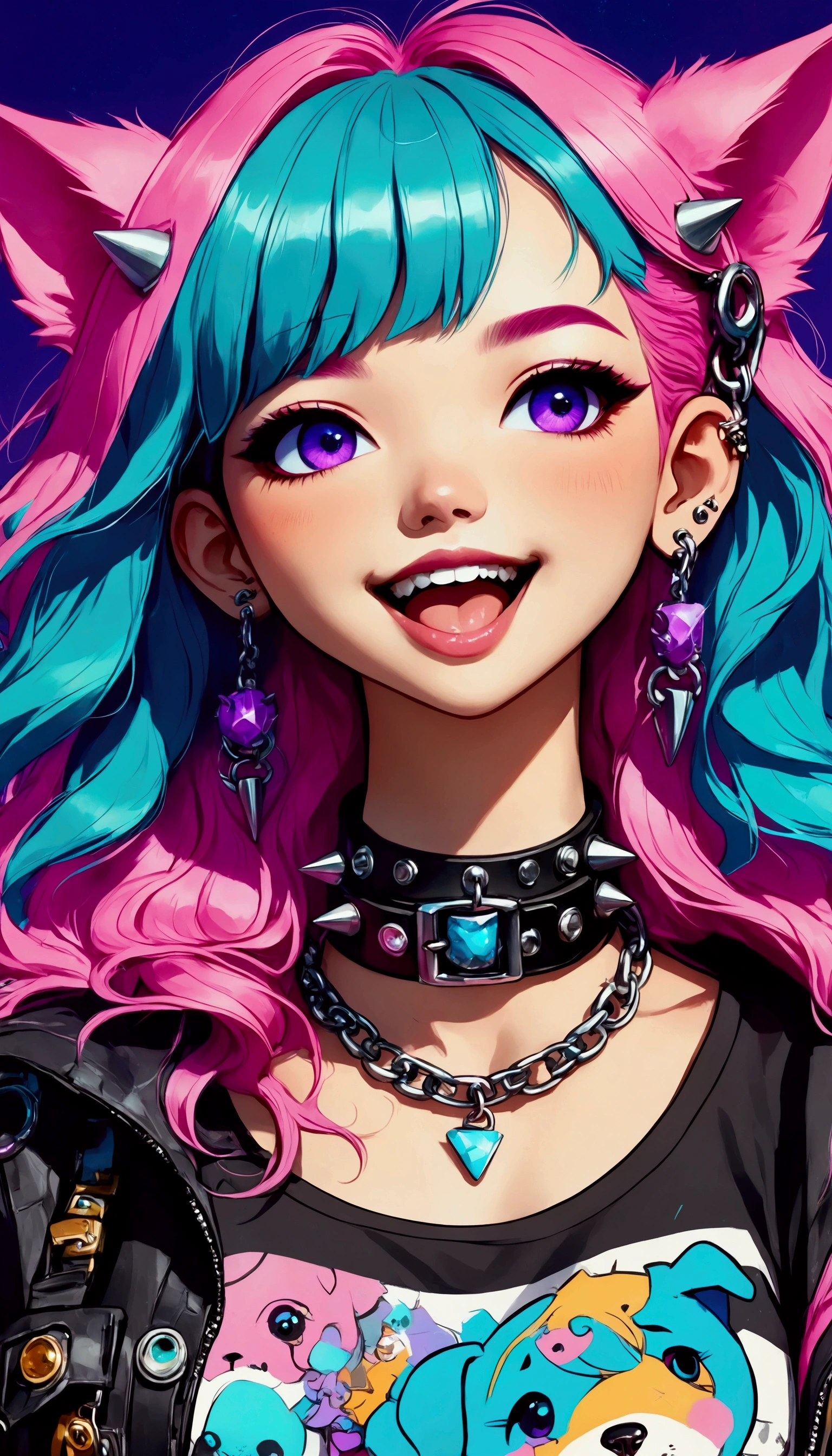  a close up of a person with pink hair and perforations,  mouth half open perfect teeth showing only the tongue  ,  cheerful image wears dog collar with spikes and chains  ,  black sweatshirt  , tatuajes, violet and cyan background  , Cyberpunk art inspired by Ross Tran ,  trend in CGSociety  , Gothic art, Ross Tran!!!, Style Ross Tran, in the style of Ross Tran , Ross Tran 8K, ross drawings  1. 0,  artwork in the style of Guweiz  , anime vibes, :: ross drawings 