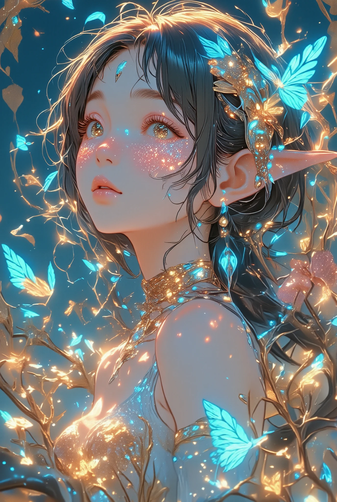 (((masterpiece))), are of the best quality, ultra-fine gouache style portrait of a group of beautiful female elves, smooth shadows, hyperrealistic texture, 8K, are of the best quality, Realistic cartoon characters, stylized illustrations , smooth shadows, Correct Anatomy , Chromatic Aberration, neon highlights , Global warming lights, dynamic posture, Expressive Facial Expression