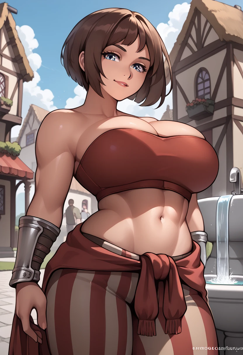 score_9, score_8_up, score_7_up, source_anime, 1woman, mature, human female, human, detailed face, jawline, smooth skin, beige skin, beautiful eyes, blue eyes, brunette, big breasts, bob cut hair, red bustier, red tube top, strapless, midriff, striped pants, clothes around waist, single gauntlet, armor, outdoors, village, fountain