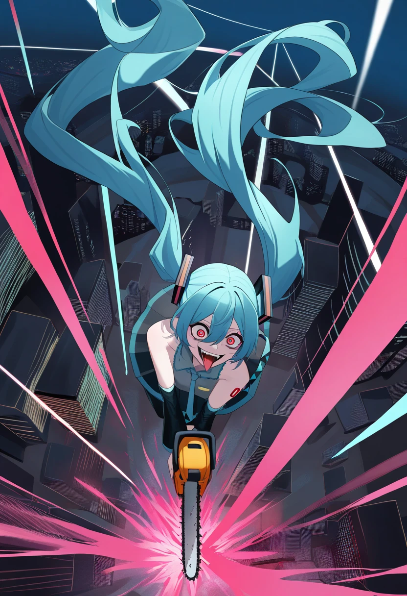 masterpiece, best quality, amazing quality, very aesthetic, absurdres,  newest, scenery, volumetric lighting, 1girl, hatsune miku, chainsaw, crazy eyes, crazy smile, tongue, from above, dynamic pose, holding chainsaw, spark, city,, masterpiece, best quality, amazing quality, very aesthetic, absurdres,  newest, scenery, volumetric lighting