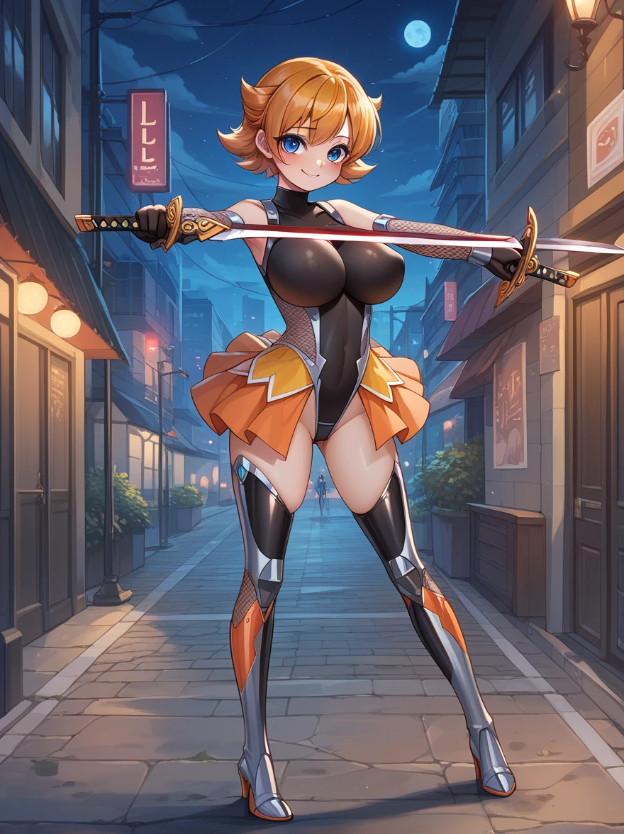 score_9, score_8_up, score_7_up, score_6_up, score_5_up, source_anime, uncensored, BREAK, IgawaSakuraXL, 1girl, full body, A girl is standing and holding short swords in dual wielding, looking at viewer, seductive smile, blush, orange hair, short hair, flipped hair, blue eyes, curvy, huge breasts, thighs, (loli:1.3), (slender, petite, 1.3),black highleg leotard, elbow gloves, fishnets, showgirl skirt, thigh boots, outdoors, night, city,
