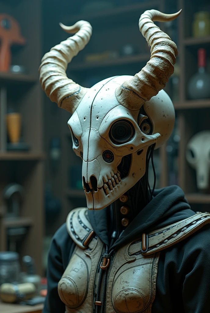 skull with horns and a helmet on a dark background, hyperdetailed fantasy character, 4k concept art and hyper realism