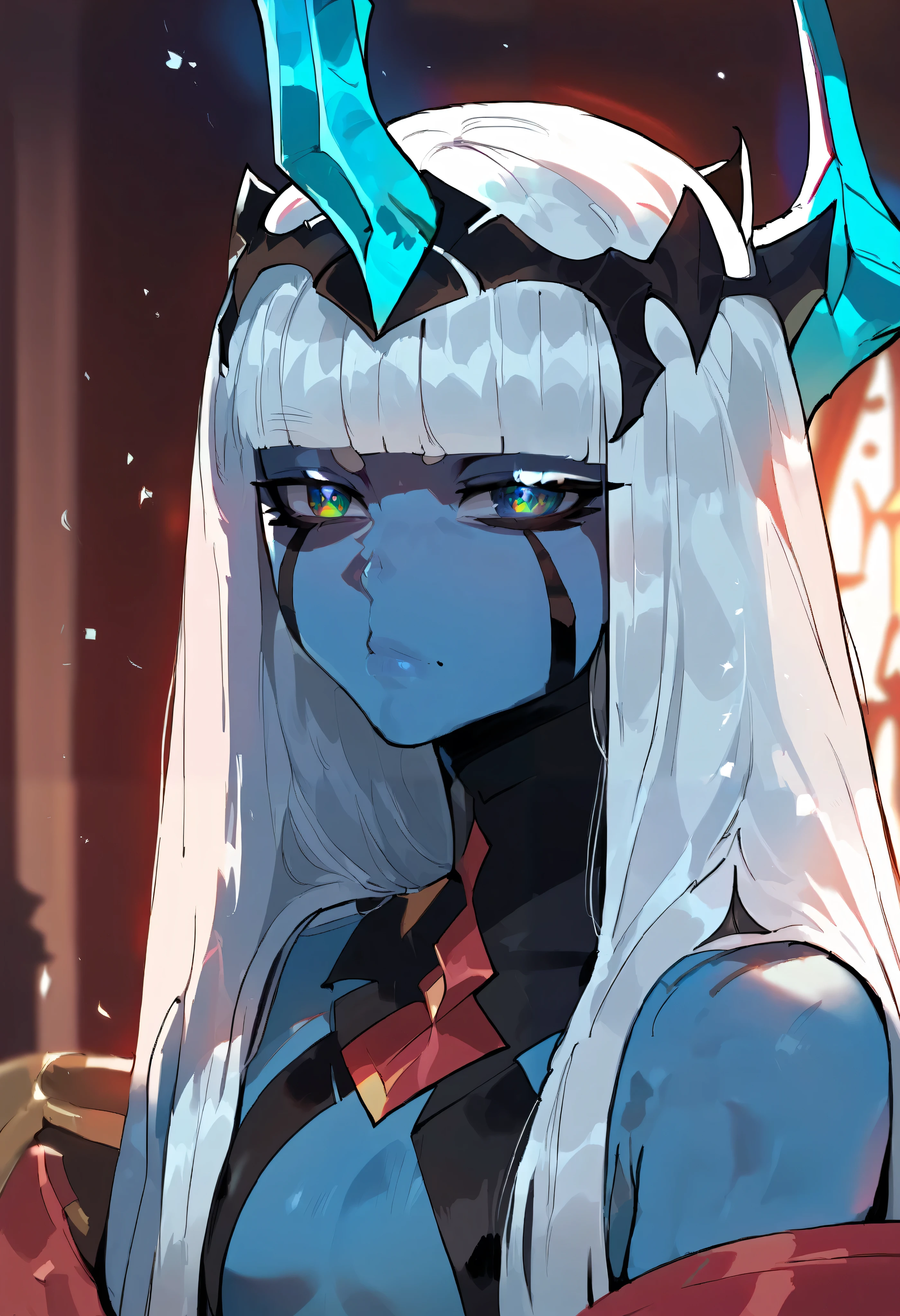 score_9, score_8_up, score_7_up, source_anime, masterpiece, perfectly detailed, detailed face, detailed eyes, beautiful eyes, Klaxosaur Princess, 001 (darling in the franxx), zero one (darling in the franxx), 1girl, horns, long hair, colored skin, looking at viewer, white hair, closed mouth, upper body, blunt bangs,Butcha,score_9_up, hot, nsfw