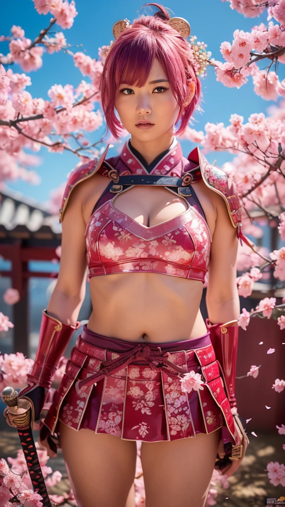  Sexy female character wearing red armor as a warrior from the Sengoku period 、(fighting stanc)、(fighting pose)、((holding katana))、Draw your sword、Iai、((very short hair))、((Hot pink hair))、((toned body))、(glistening skin)、 toned body、((mega breasts 1.8))、 plump breasts 、 plump thighs、 The pink armor with a plum blossom pattern engraved on it is a bikini type and is designed to emphasize chest exposure、(  wearing a plum blossom patterned cape )、peplum skirt、Red shin guard with plum blossom engraved on it 、Pink high-leg underwear 、Red tights 、 absolute domain、Inverted skirt、Dramatic lighting、((Clear Sky Thunderbolt))、(( Plum blossoms in full bloom in the background ))、(( Large plum blossoms in full bloom on the front ))、 cinema-like scene  、 Max Image、 Ultra High Definition、8k