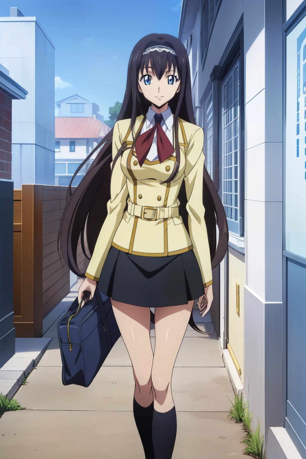 from side, 1 girl, cute, black hair, long hair, ((hair band)), (smile), (School Uniform, black skirt, knee socks), (Walking with a student bag), (walking the route to the school), (anime cels style, Masterpiece, best quality, high resolution, anime colored, megami magazine:1.2, anime poster style, anime keyvisual, sharp, 8k, photorealistic), beautiful blue eyes, (perfect anatomy, perfect finger, perfect leg)