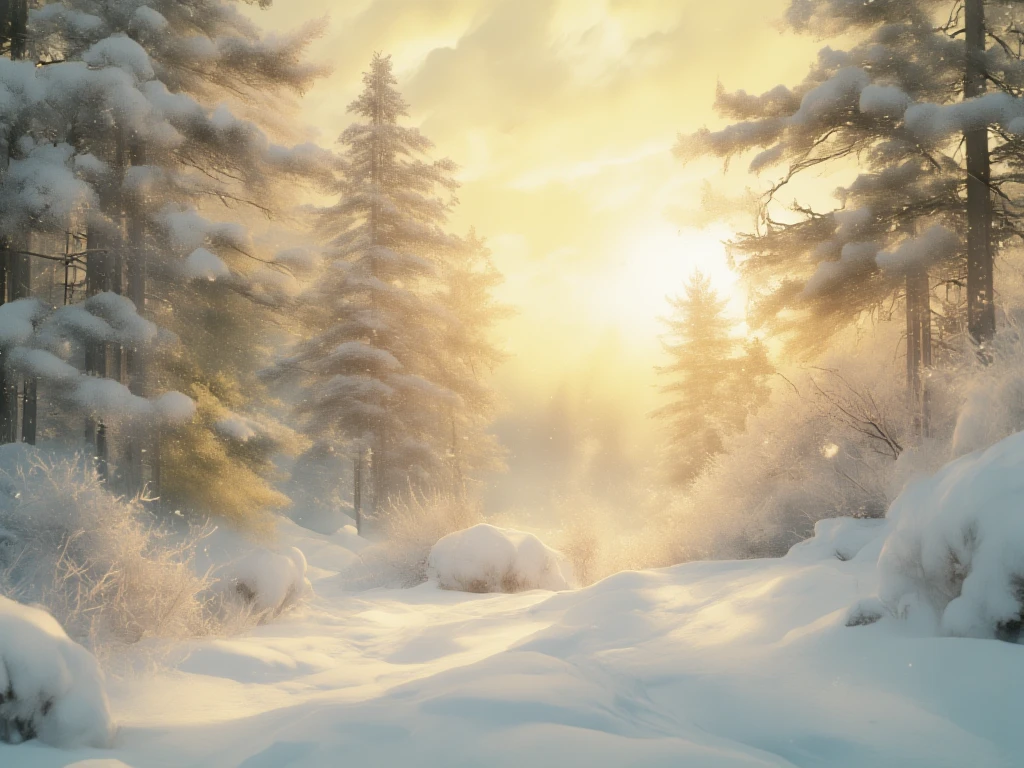 A serene and majestic winter landscape, inspired by traditional Japanese aesthetics. The scene features towering pine trees blanketed with soft layers of snow, their delicate branches elegantly curving under the weight of the frost. The ground is covered in a smooth, untouched layer of white snow, creating a peaceful and undisturbed atmosphere.
The background glows with a subtle, warm golden hue, reminiscent of a serene sunrise or sunset casting its soft light across the scene. The interplay of warm light and cool shadows enhances the contrast, highlighting the intricate details of the snow-covered trees and their textured bark. The overall composition exudes tranquility and elegance, capturing the timeless beauty of nature in winter.