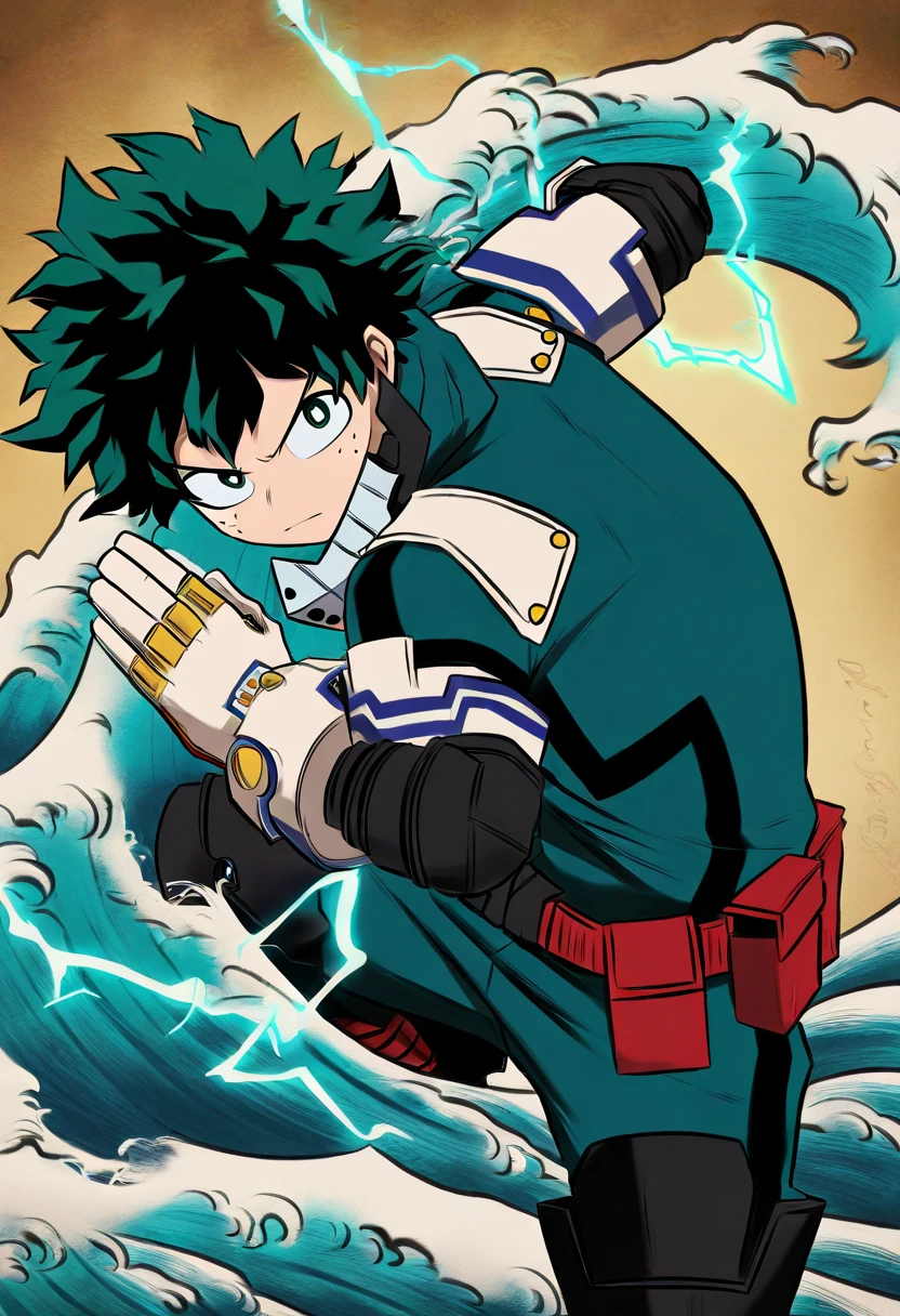 masterpiece, best quality,
fine art parody, style parody, ancient painting, 2D, signature, 
midoriya_izuku, boku_no_hero_academia, 1boy, green_hair, green_eyes, fight stance, electricity, wave