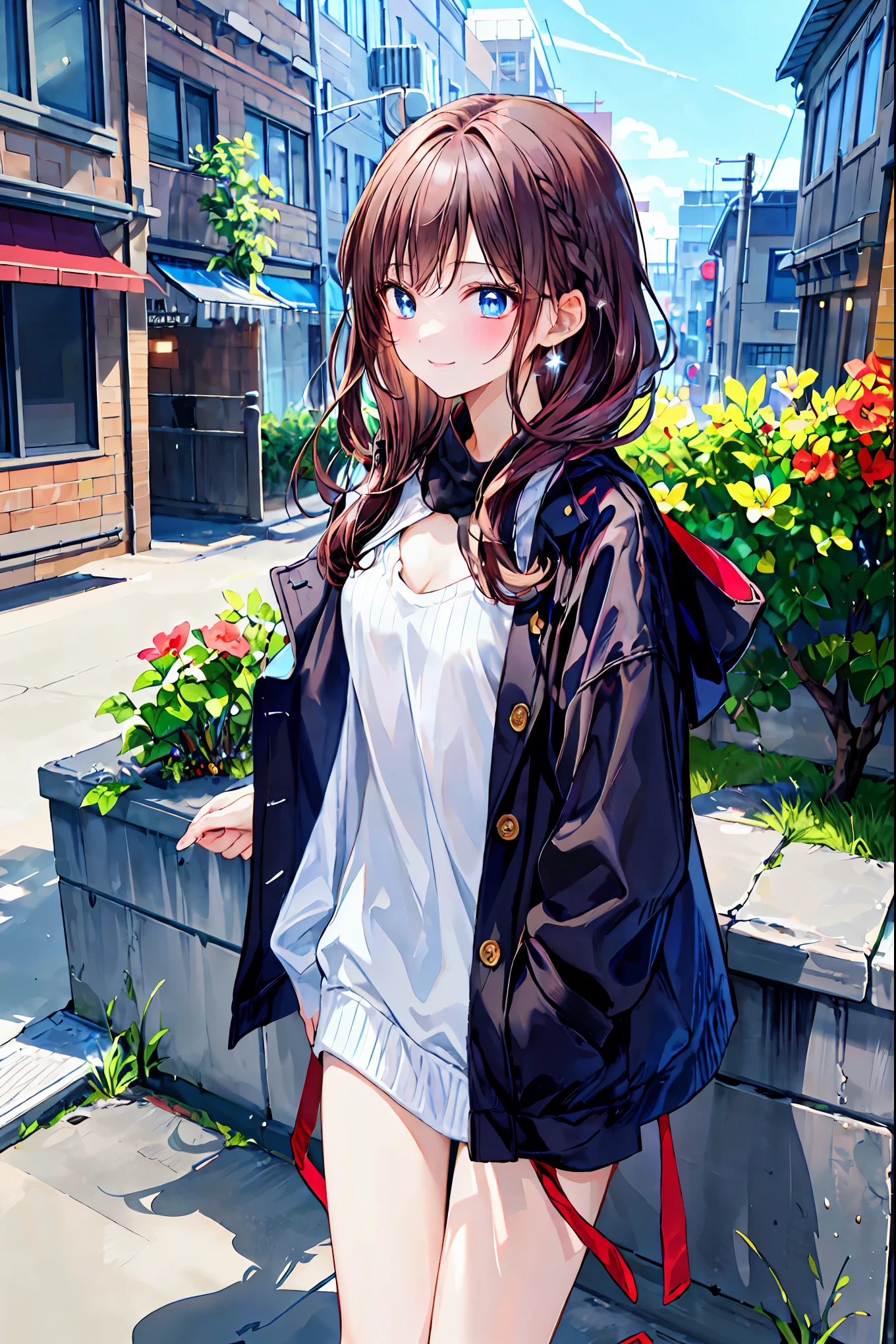Brown Hair， shortcut， messy hair， short braided hair，Neat， slender beauty，Dignified posture， small breasts， beautiful legs with tails， Her enchanting gray-blue eyes sparkle like stars， bright color,  beautiful eyes ,A delicate smile,textured skin,Boasting the highest quality,  gentle and beautiful woman  , Anime Style ､With a girl,  Black Coat,  dark-haired,  Abandoned house, Completely pixel art, Holding flowers, In the sunset,  dark-haired　， profile　，study ，Contrail，Tall chimney