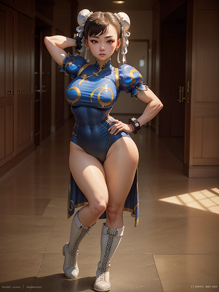 Best Quality, Masterpiece, Ultra High Resolution, 1Girl, Mature, White JK Uniform, Film Lighting, chun li  attractive, sheer white lingerie, seductive, sitting down on floor, extra curves, wet skin, sweaty, white skin, extremely large natural breasts, siting down on bed looking up at viewer, legs spread open, wide butt, big thighs, slim waist, shy, 18+, Nsfw