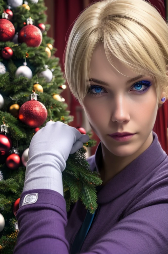 Short hair, blonde, solo, realistic, detailed, beautiful face, BLUE eyes, makeup, tie, Violet PANTS, gloves, body, (sitting), Christmas tree, Christmas gift, Christmas, perfect hands, perfect fingers, room