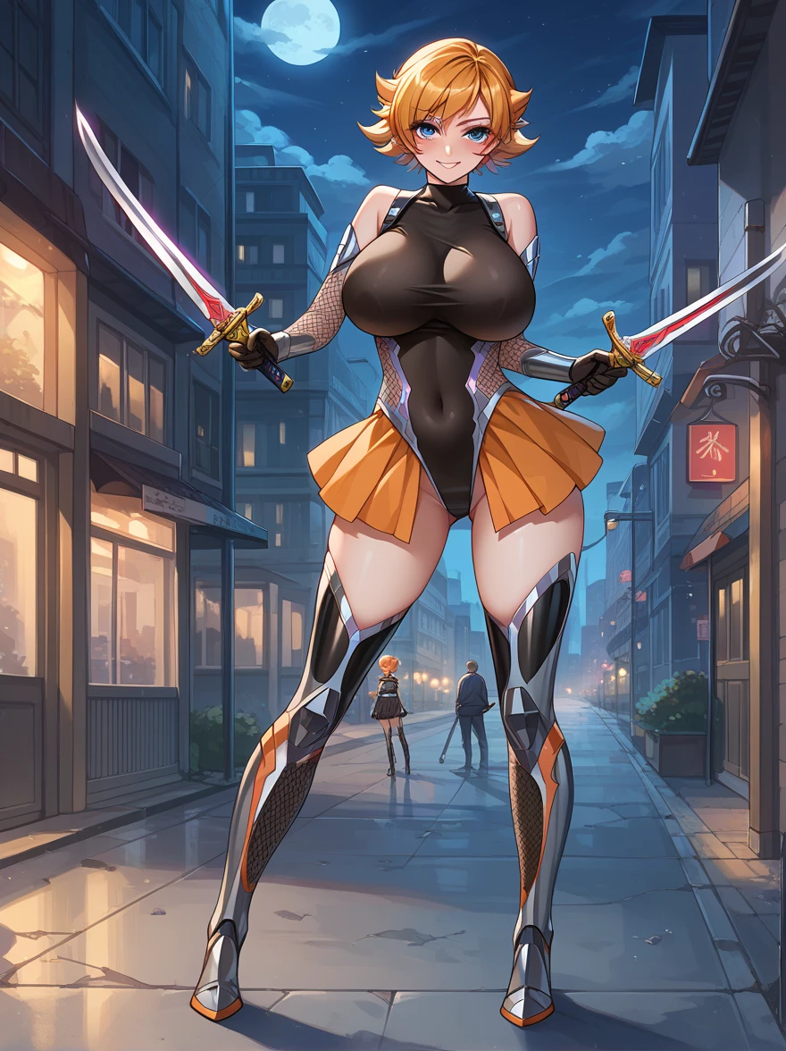 score_9, score_8_up, score_7_up, score_6_up, score_5_up, source_anime, uncensored, BREAK, IgawaSakuraXL, 1girl, full body, A girl is standing and holding short swords in dual wielding, looking at viewer, seductive smile, blush, orange hair, short hair, flipped hair, blue eyes, curvy, huge breasts, thighs, black highleg leotard, elbow gloves, fishnets, showgirl skirt, thigh boots, outdoors, night, city,