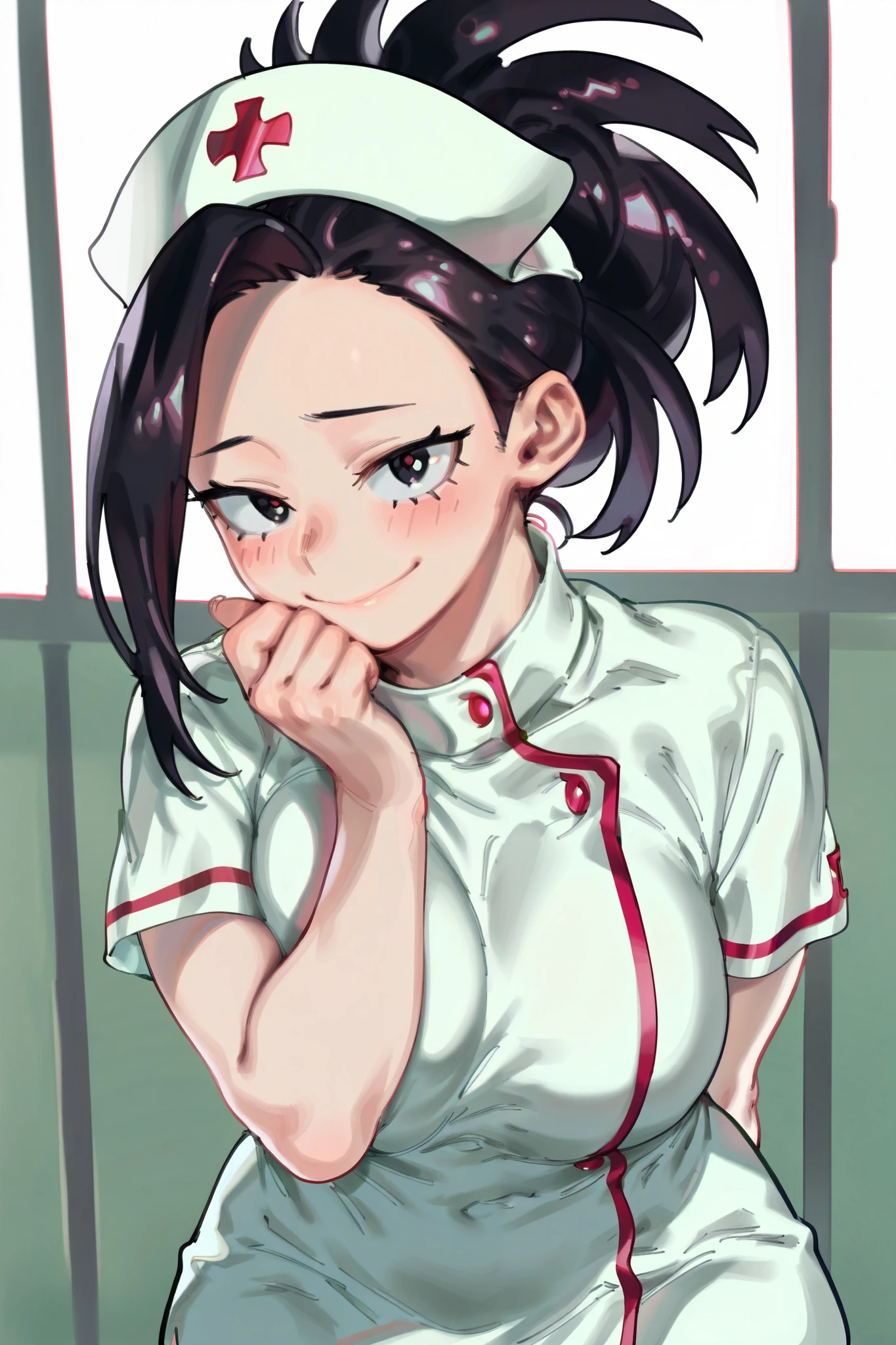 score_9, score_8_up, score_7_up, high detailed, high quality, masterpiece, no text, quality highlights, (masterpiece, best quality,very aesthetic), by Eigaka
1girl, masterpiece, beautiful, lovely, elegant,Momo Yaoyorozu (My hero academia), pale skin, nurse outfit, shy smile, 