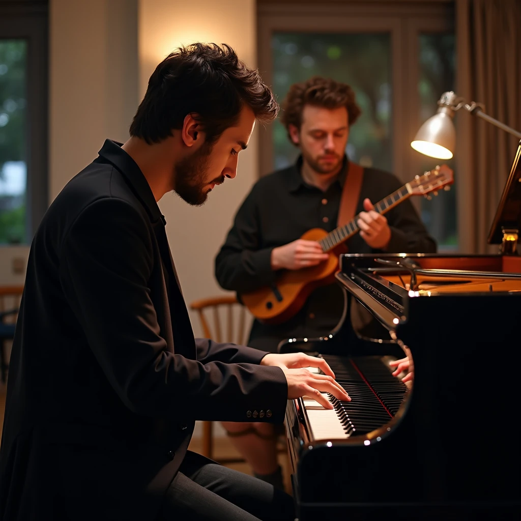 Make a man and a woman one on each side the man with holding a guitar and the woman playing a piano