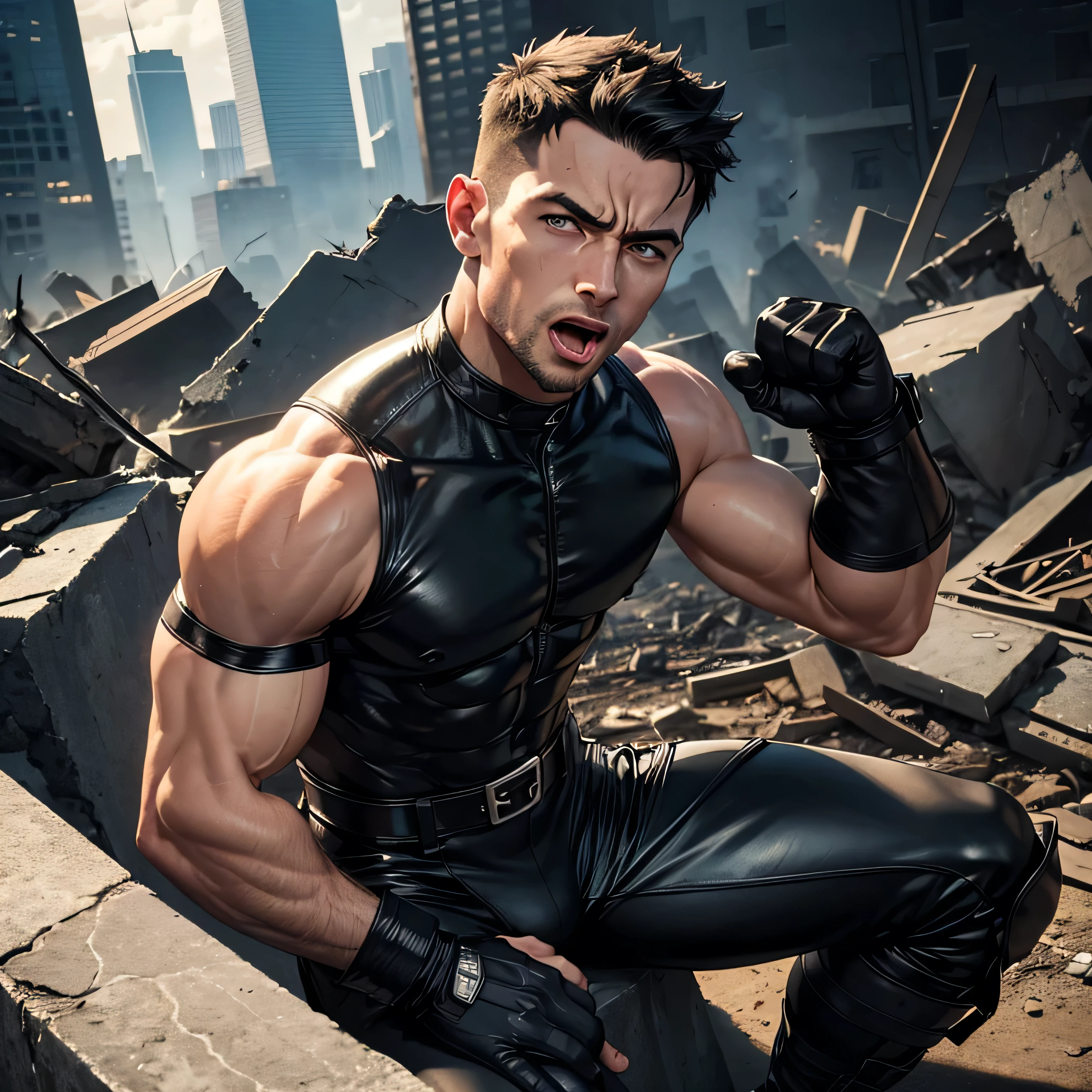 Age 35,  One Man,Muscular、 black bodysuit 、 black leather pants 、Shocker Belt、 black gloves 、  black boots 、Combatant、Combat pose、 Face、City of Rubble　bombing　inflammation　　 feet 　Spread it out、Gay、logic、Handsome soldier　　Cool guy　　  Upper Body Up 　 I'm screaming with my mouth wide open　I'm injured and falling down 　Sit on the wall