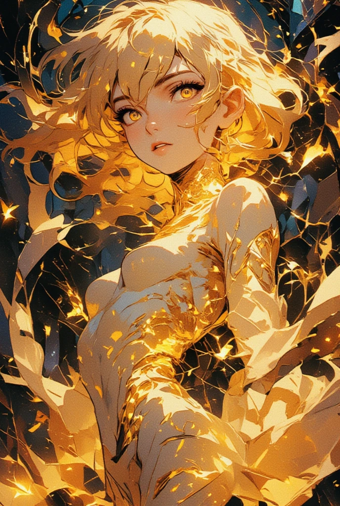 ((closed_eyes, arched_back, looking up, head_back)), ((flying, sexy_pose, henshin_pose)), yui kasuga, brown hair, curly hair, ahoge, 1girl, solo, 14yo, ((large_breasts, green jewelry on the chest)), ((((yellow glowing_body, yellow glowing_bodyskin, white glowing_bodyskin, yellow glowing_nude, yellow glowing nude_only:1.3)))), transformation scene, magical_dimension, magical_effect,