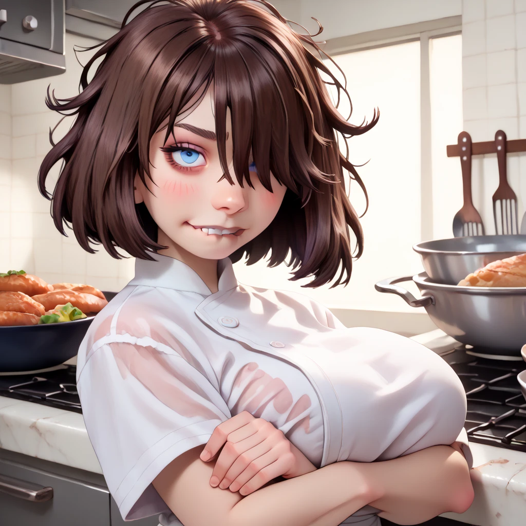 By wlop, one goth girl, (colettetatou bob cut, blue eyes, brown hair, chef), g4n1m3, ((horny, biting bottom lip, hair covering one eye, messy hair)), ((stretched clothes)) (in a kitchen) ((very breasts)) ((volumetric and specular lighting)), ((overstuffed)),  ((soft squishy huge covered breasts)) from the side