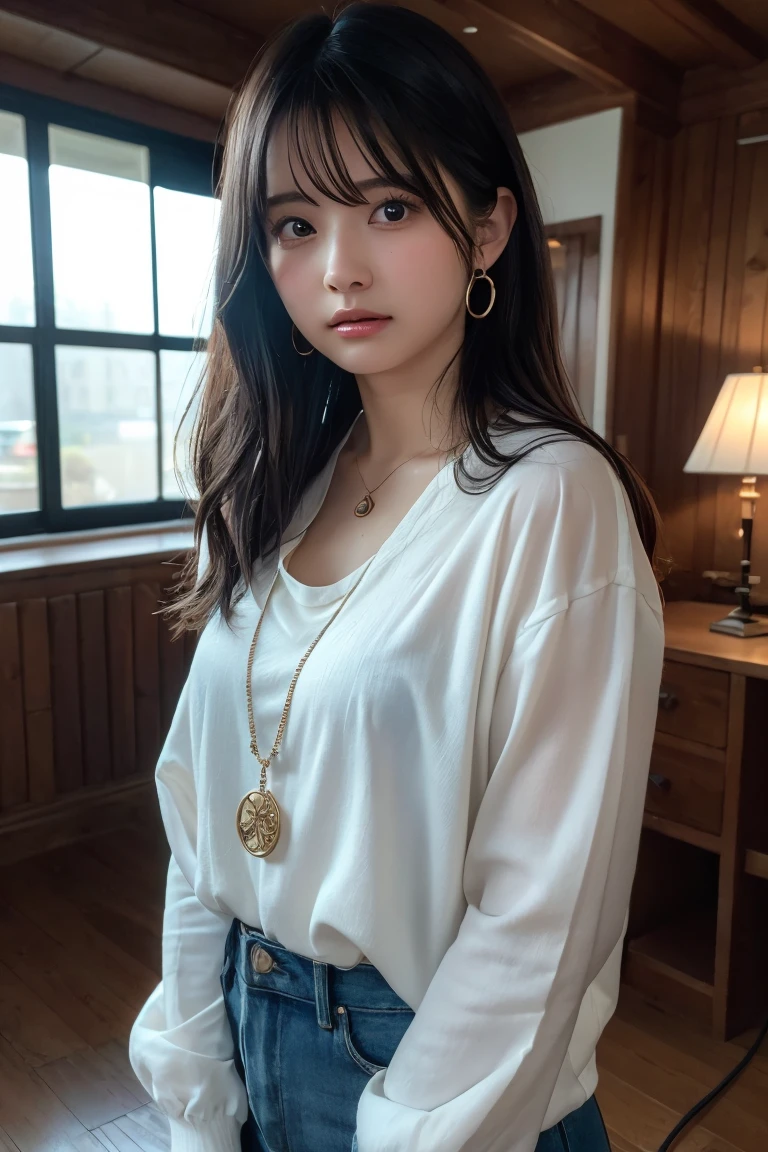 ((High-resolution images, masterpiece, Atmospheric perspective, 8K, Very detailed, Accurate, Highest quality, Single Shot)), (((Cute western woman masturbating))), (Casual Style), Jacket, Unbuttoned shirt, Swollen areola, (Round face, Realistic eye size, Droopy eyes, blush, smile), (((Stand and spread your legs, ))), (Bedroom,On the bed, At night), Blonde braids, Small earrings, Thin Necklace, (light makeup),
