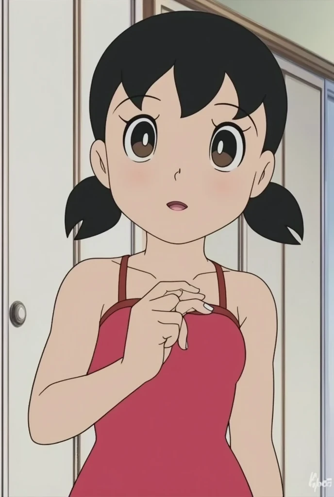 1girl, solo, slim, upper body, black hair, twintails, large breasts, short twintails, red micro bikini, bathroom, bathing