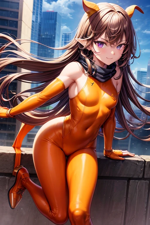 masterpiece, best quality, highres, aalisa, long hair, ponytail, grey eyes, masterpiece, best quality, highres, 1girl, solo, superhero, leotard, bare legs, boots, matching boots, sleeveless, gloves, matching gloves, looking at viewer, city backdrop, black leotard, standing, hands on hip, full body shot, smile, glowing body