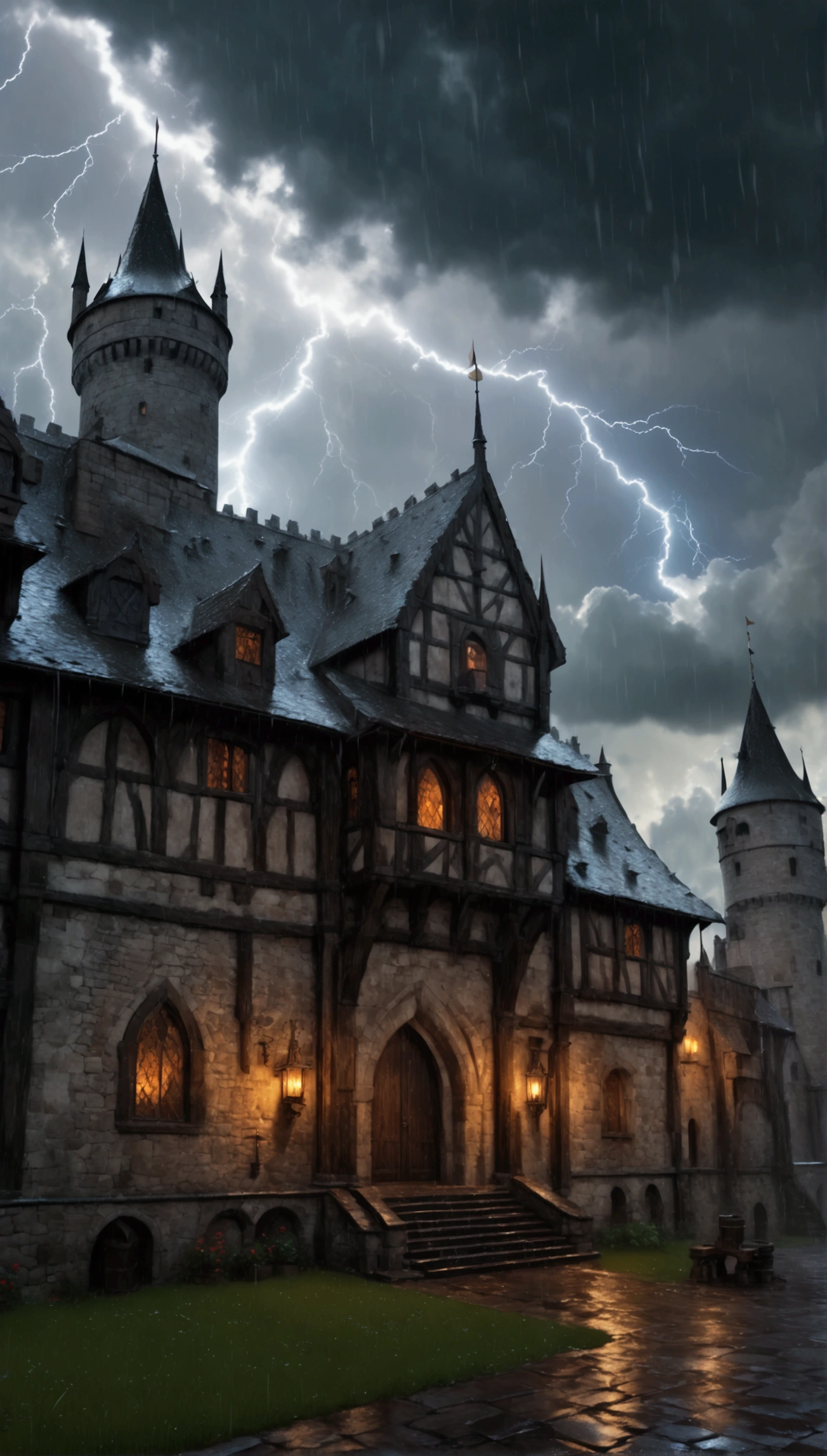 a dark castle on a stormy evening, dense atmosphere, cold feeling, medieval architecture, lightning bolts, heavy rain and drizzle, (best quality,4k,8k,highres,masterpiece:1.2),ultra-detailed,(realistic,photorealistic,photo-realistic:1.37),HDR,UHD,studio lighting,extreme detail description,professional,vivid colors,landscape