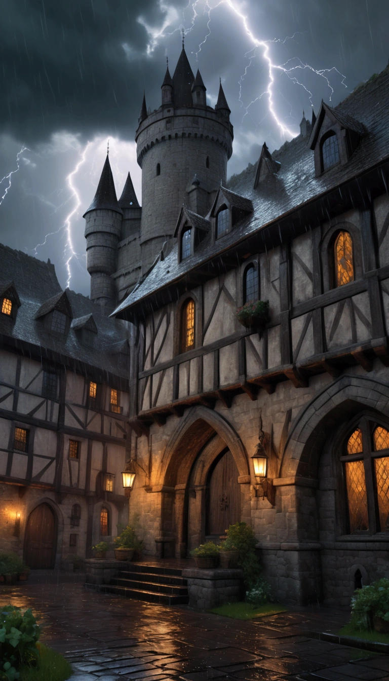 a dark castle on a stormy evening, dense atmosphere, cold feeling, medieval architecture, lightning bolts, heavy rain and drizzle, (best quality,4k,8k,highres,masterpiece:1.2),ultra-detailed,(realistic,photorealistic,photo-realistic:1.37),HDR,UHD,studio lighting,extreme detail description,professional,vivid colors,landscape