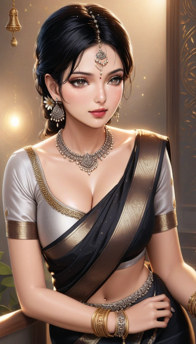 Hot milf, black saree, long silver jhumki earrings, lipstick, black hair, medium sagging breasts, cleavage ,makeup, white blouse ,navel, eyeliner, eyeshadow, detailed art style,long jewellery, multiple necklace,long necklace,bangles, accessories , intricate patterns on saree,long necklace, realistic skin, realistic saree ,hair braid , Cleavage 