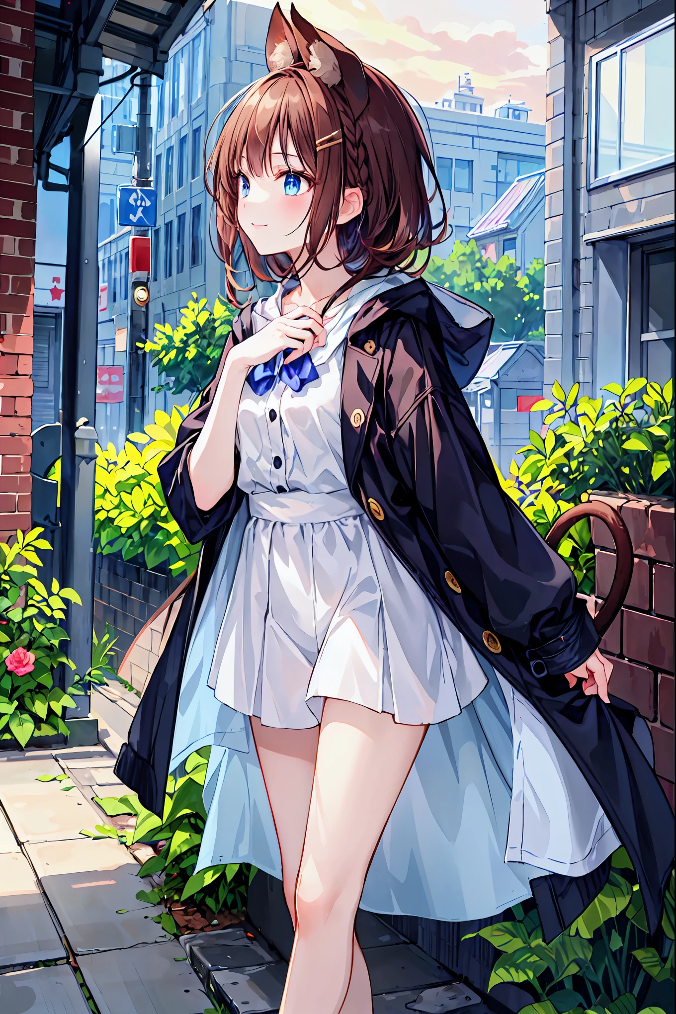 Brown Hair， shortcut， messy hair， short braided hair，Neat， slender beauty，Dignified posture， small breasts， beautiful legs with tails， Her enchanting gray-blue eyes sparkle like stars， bright color,  beautiful eyes ,A delicate smile,textured skin,Boasting the highest quality,  gentle and beautiful woman  , Anime Style ､With a girl,  Black Coat,  dark-haired,  Abandoned house, Completely pixel art, Holding flowers, In the sunset,  dark-haired　， profile　，study ，Contrail，Tall chimney