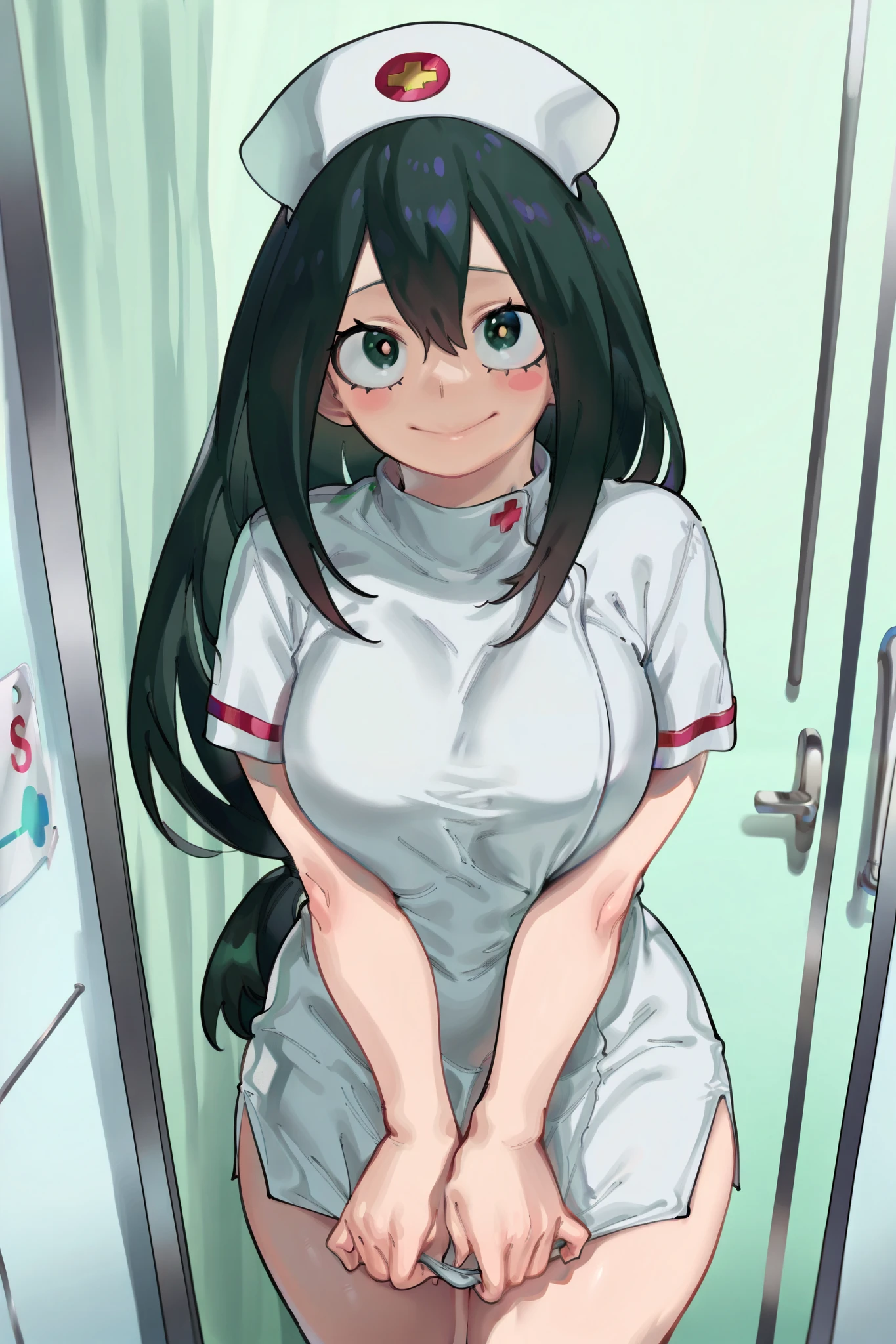 score_9, score_8_up, score_7_up, high detailed, high quality, masterpiece, no text, quality highlights, (masterpiece, best quality,very aesthetic), by Eigaka
1girl, masterpiece, beautiful, lovely, elegant, Tsuyu Asui (My hero academia), pale skin, nurse outfit, shy smile, 