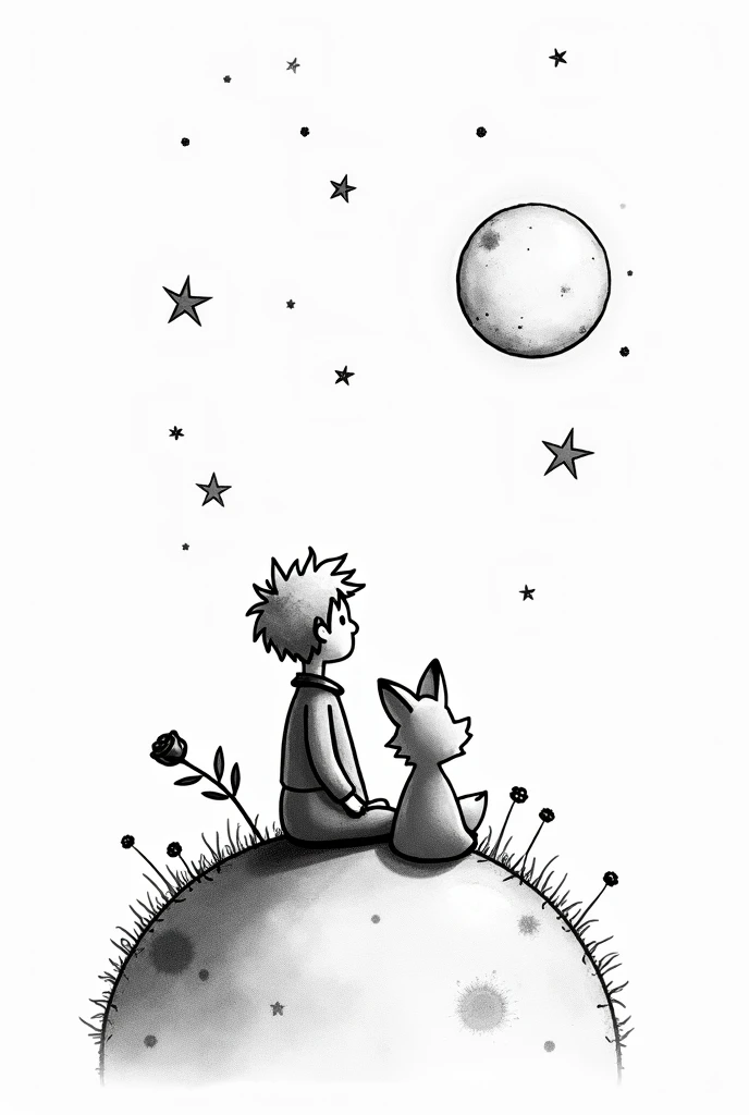  Create a  prince design for a black and white tattoo with only lines , That the littlee has the red rose in his hand and is looking back where the stars are, The fox is looking at the camera,  and that they are sitting on a small planet .