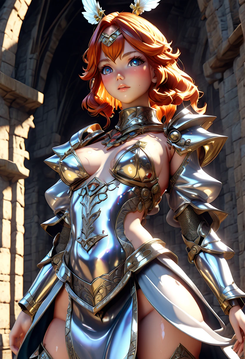 Sexy girls in  ,medieval clothing revealing ,  shiny micro armor very sexy , shiny metallic details on clothes,3D, detailed face, semi-nude anime art,Legend of Angel style 