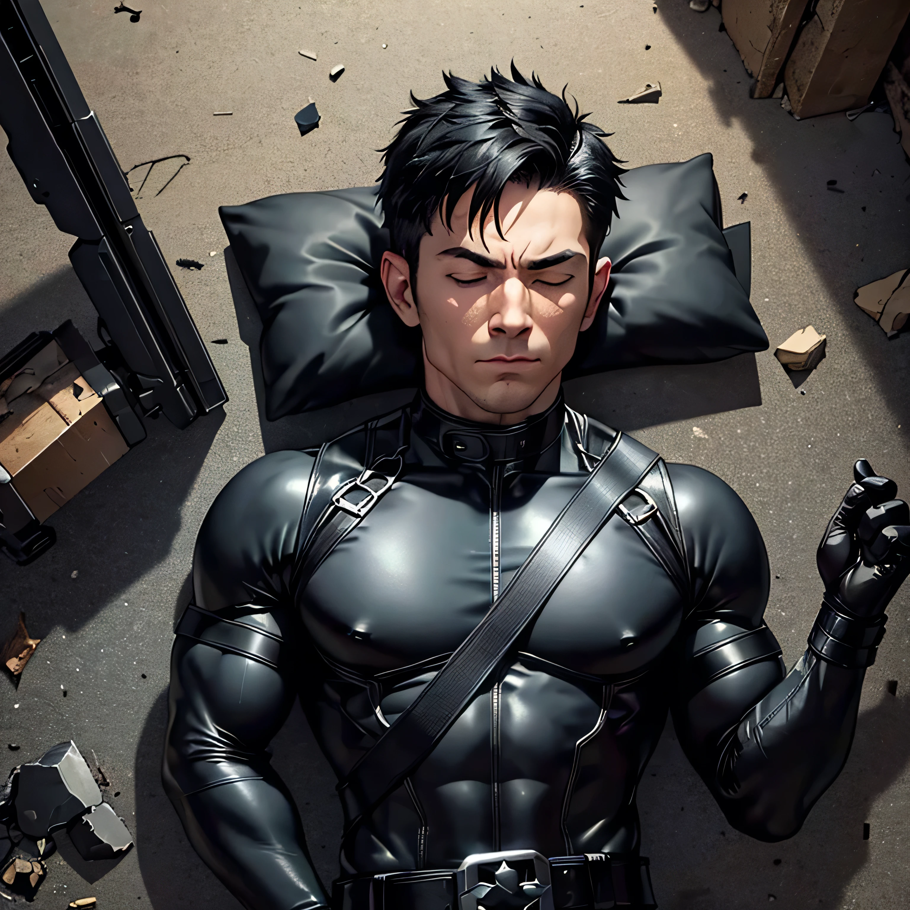 Age 35,  One Man,Muscular、 black  、 black leather pants 、Shocker Belt、 black gloves 、  black boots 、Combatant、Combat pose、 Face、City of Rubble　bombing　inflammation　　 feet 　Spread it out、 lying on your back 、Gay、logic、Handsome soldier　　Cool guy　　  Upper Body Up 　Injury　Sleeping　View from above